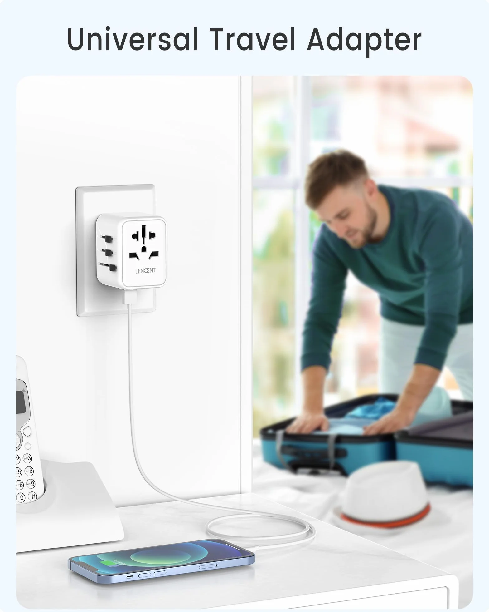 LENCENT Adattatore Spina Universale da Viaggio con 2 Porte USB Bianco per Europa/USA/UK/AUS