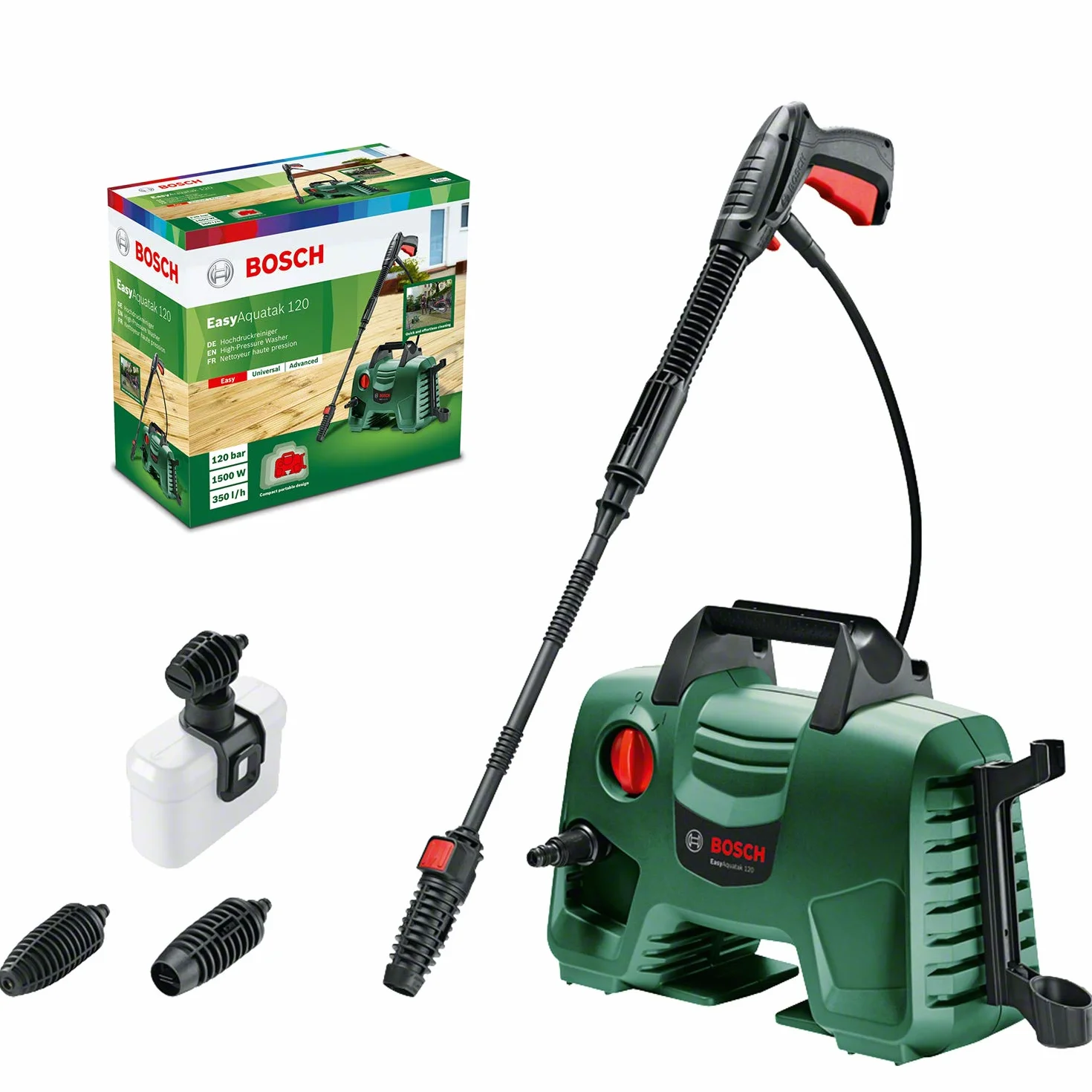 Bosch Home and Garden 06008A7901 Idropulitrice 3 Ugelli, Alta Pressione, Filtro Trasparente, Verde Nero, Cavo e Tubo Flessibile 5 m, 350 L/h, 40.10 x 37.60 x 20.20 cm