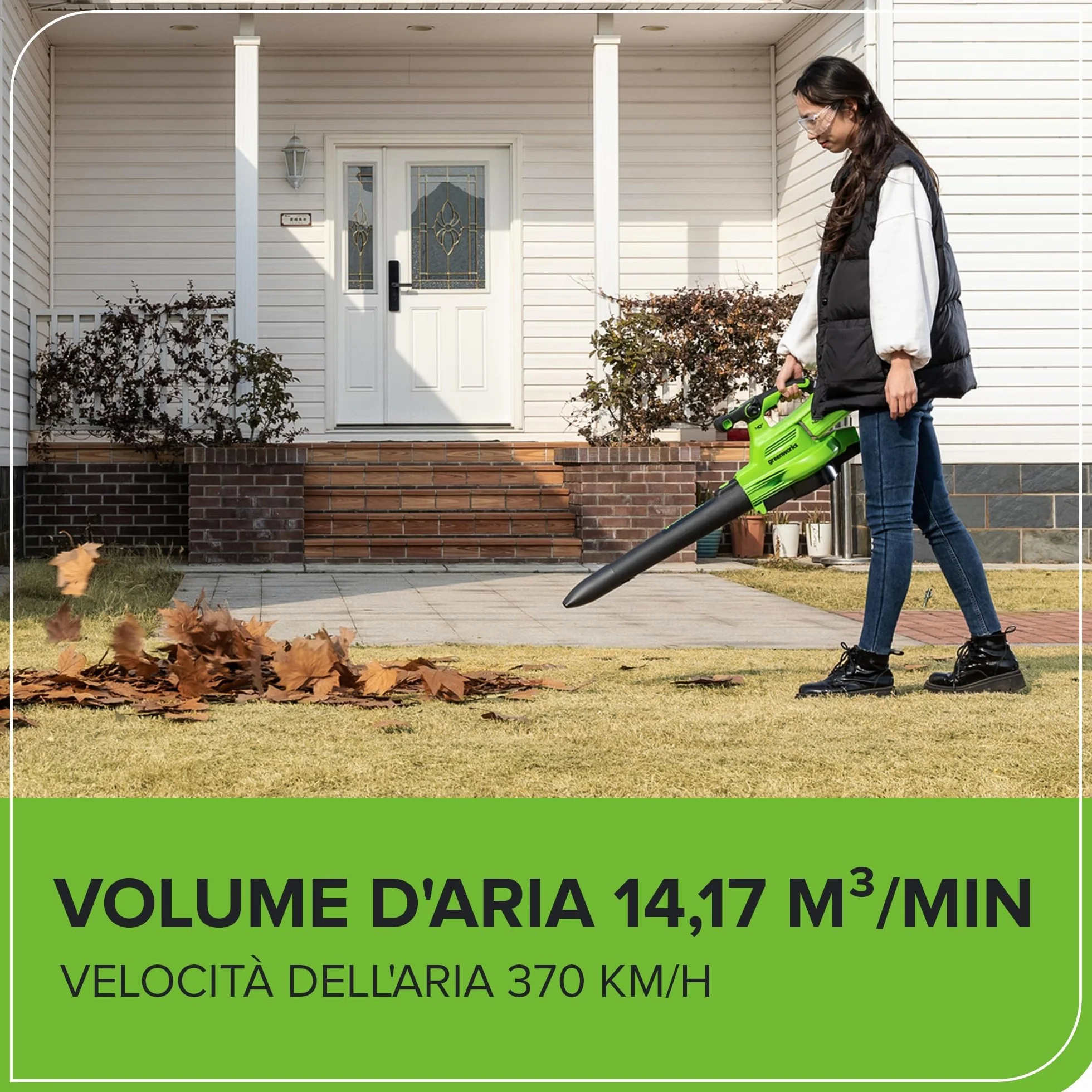 Greenworks 40V Aspiratore Soffiatore a Batteria per Foglie, Motore Brushless, 370km/h, 14.17 m³/min, Sacco di Raccolta da 45L, Due Batterie 2Ah e Caricabatterie, Garanzia 3 Anni GD40BVIIK2X