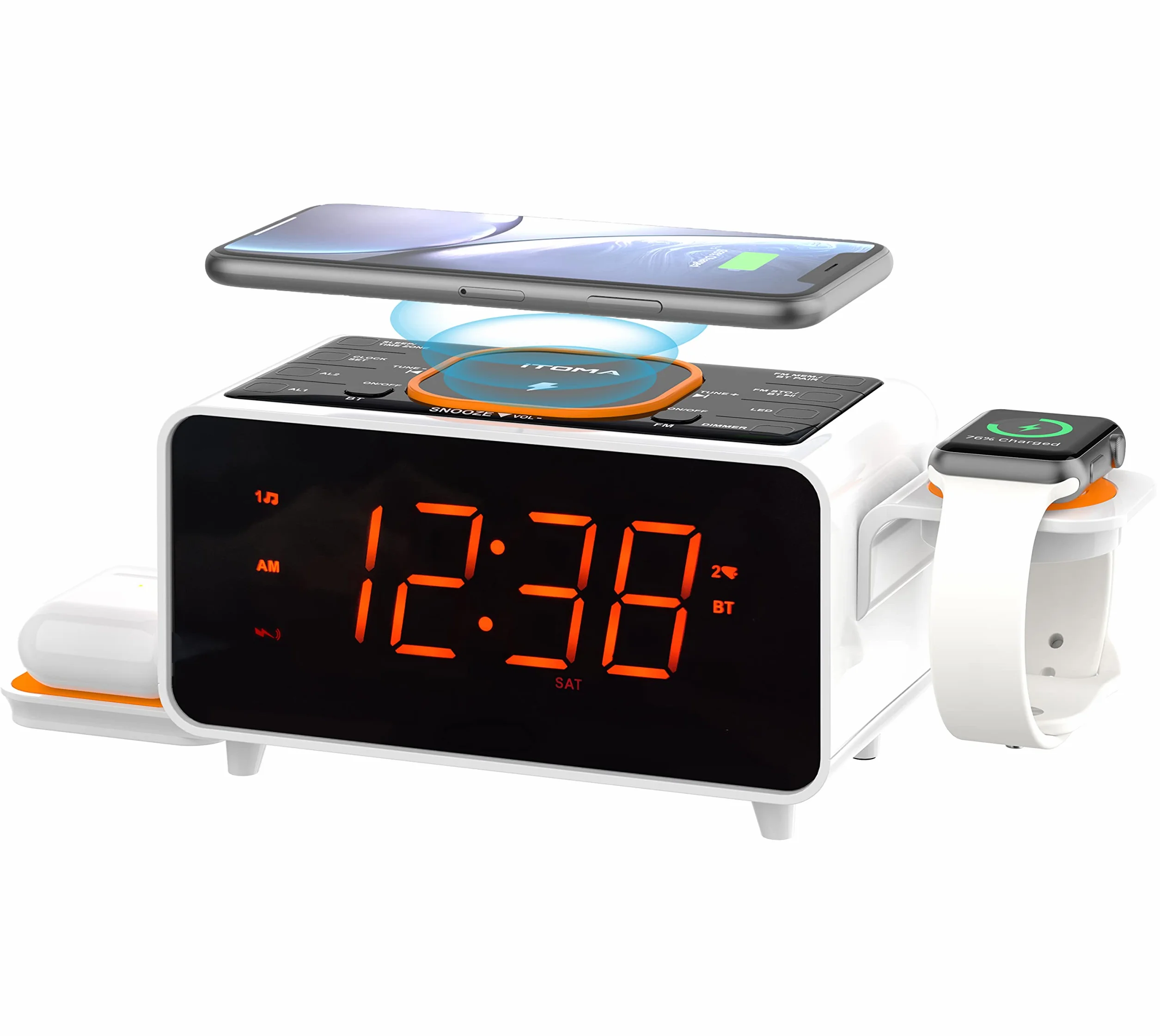 iTOMA CKS209 Radiosveglia Bluetooth 15W Caricabatterie Wireless USB Snooze Display 1,4" LED