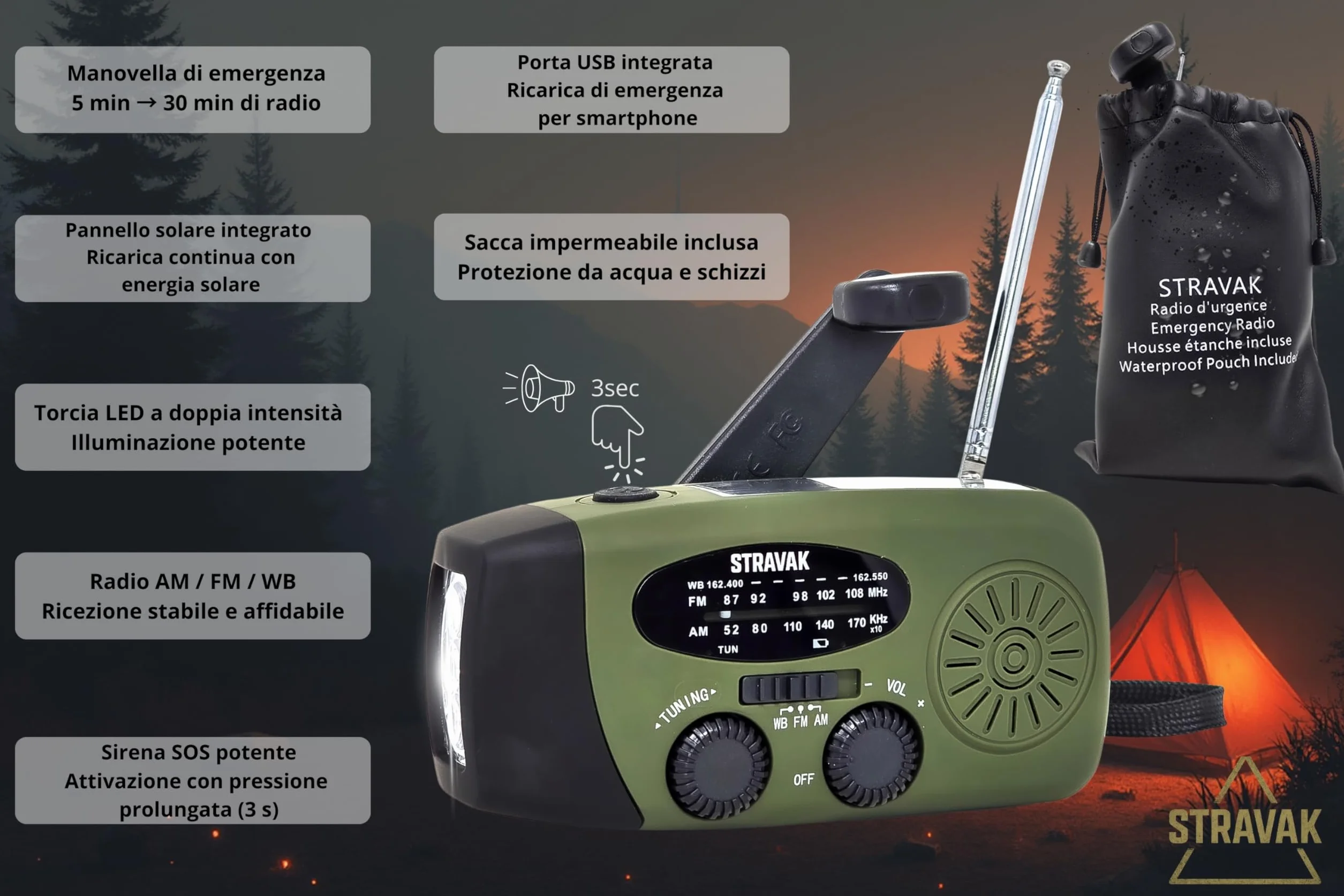 Radio di emergenza solare a manovella con torcia LED, power bank USB-C 2000 mAh e sirena SOS