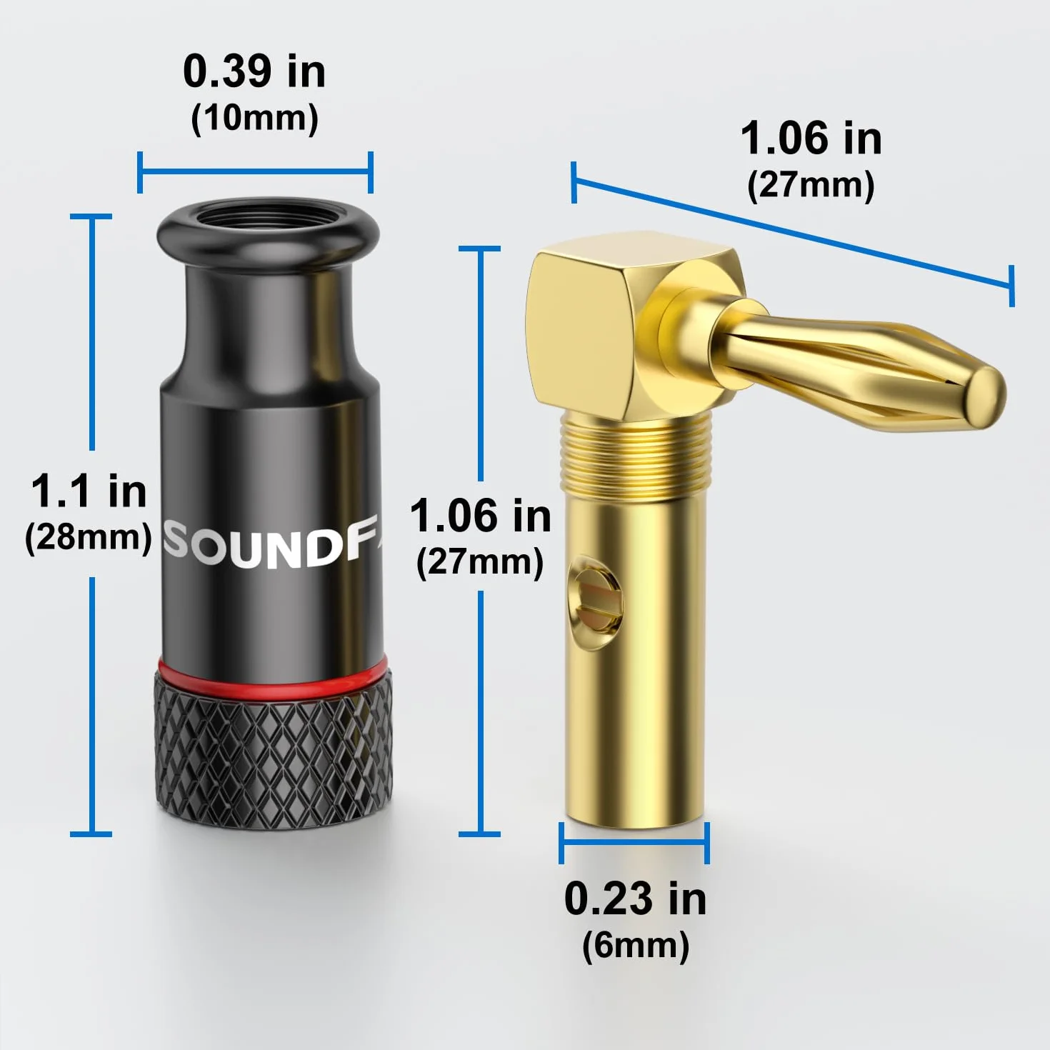 Connettori Banana Angolo 90° Placcati Oro 24K per Cavi Altoparlante 4pz (2 coppie)