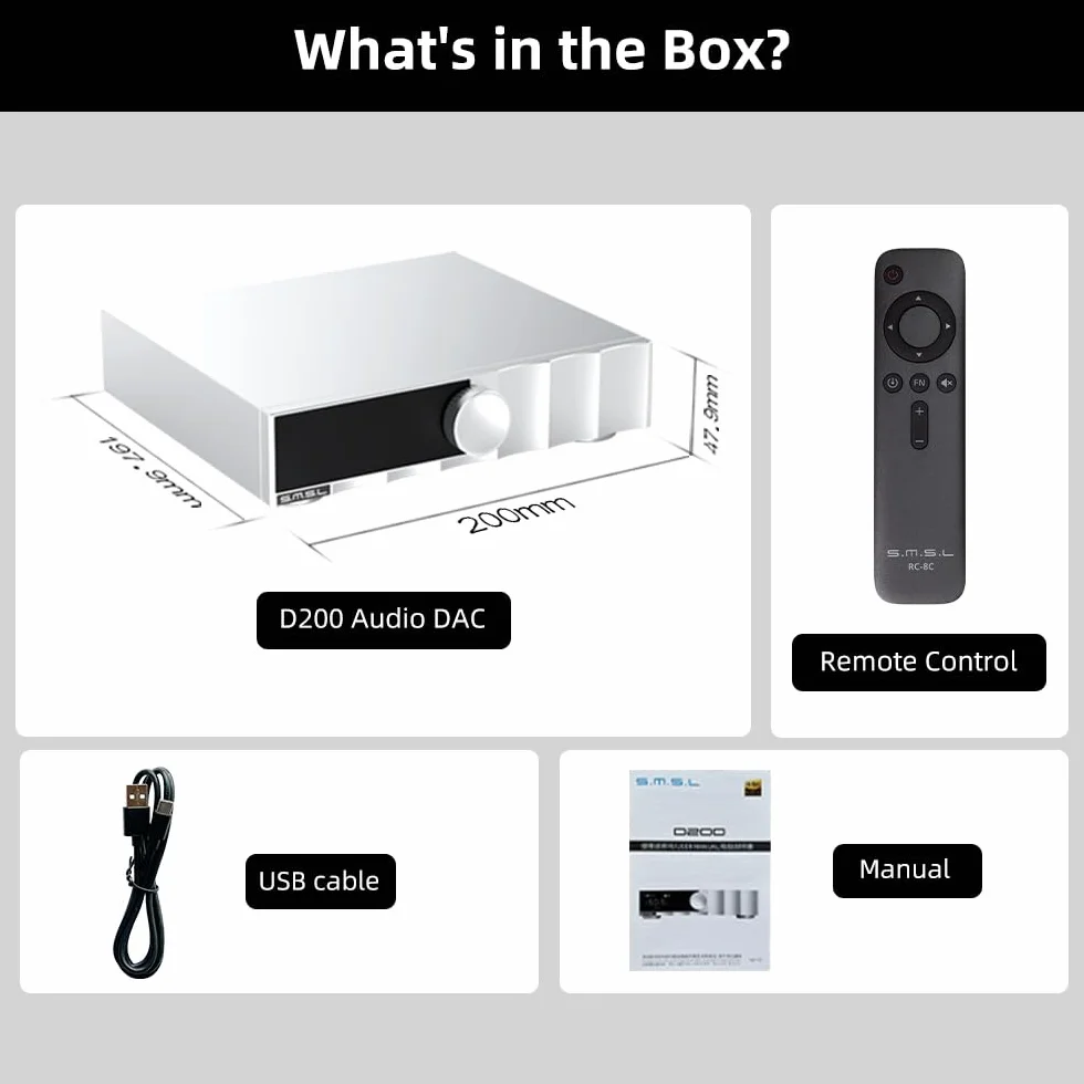 SMSL D200 DAC audiofile ROHM BD34352EKV 32-bit/768kHz DSD512 Hi-Res MQA-CD CK-03 USB ottico coassiale