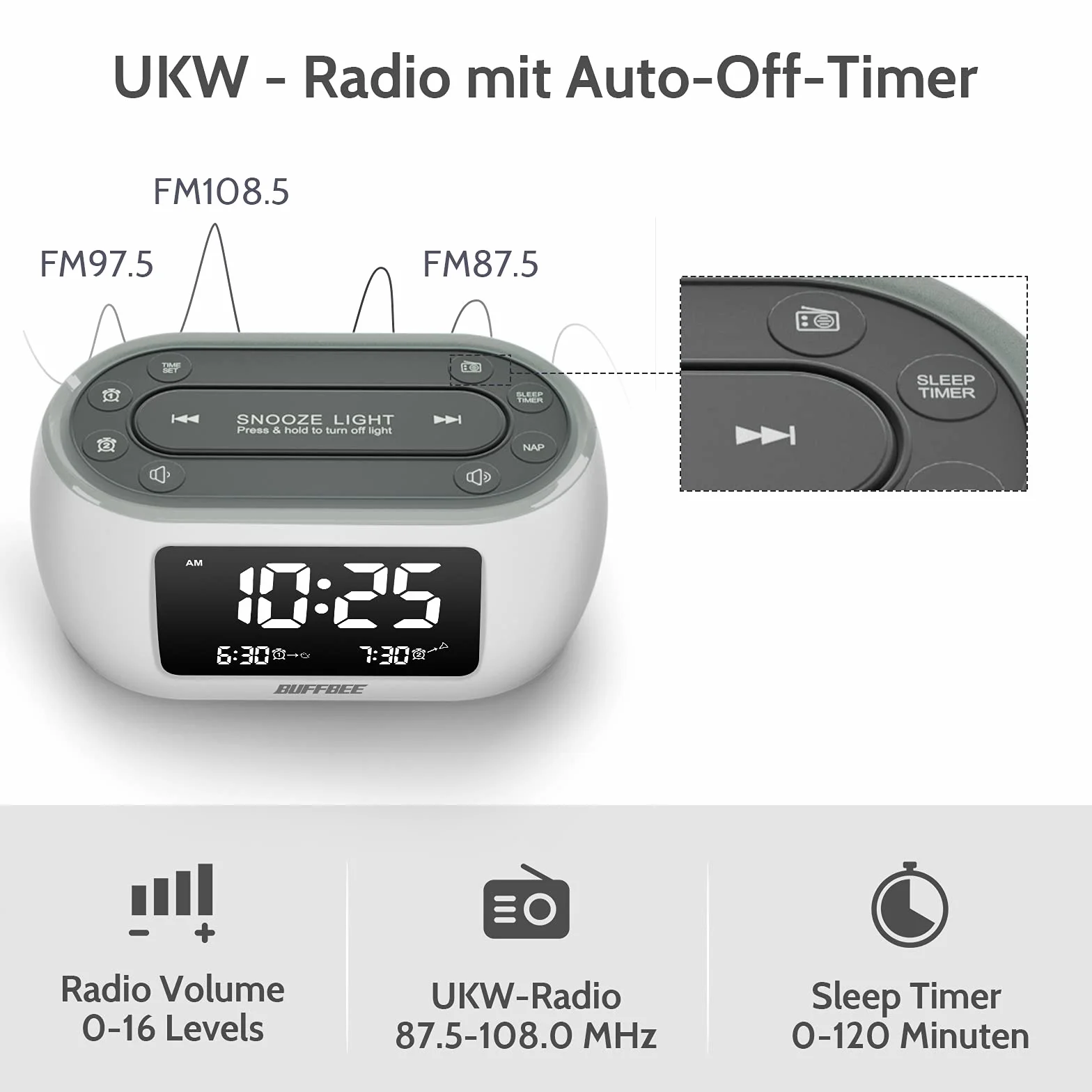 BUFFBEE Radio Sveglia con Luce Notturna 7 Colori, Doppio Allarme, Snooze, Dimmer, Porta USB, Timer Riposo, Sveglia Digitale con Radio FM, Timer Notte - Bianco