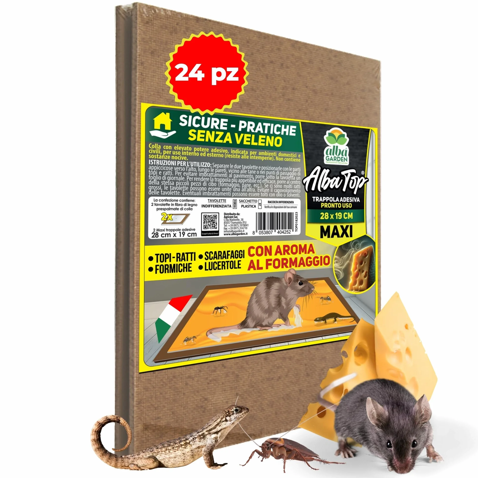 Albagarden - Trappola Per Topi Super Adesiva Professionale con Esca e con Aroma al Formaggio - Tavoletta con Colla Per Topi - Cattura Roditori, Talpe, Rettili, Ratti (24 Pz)