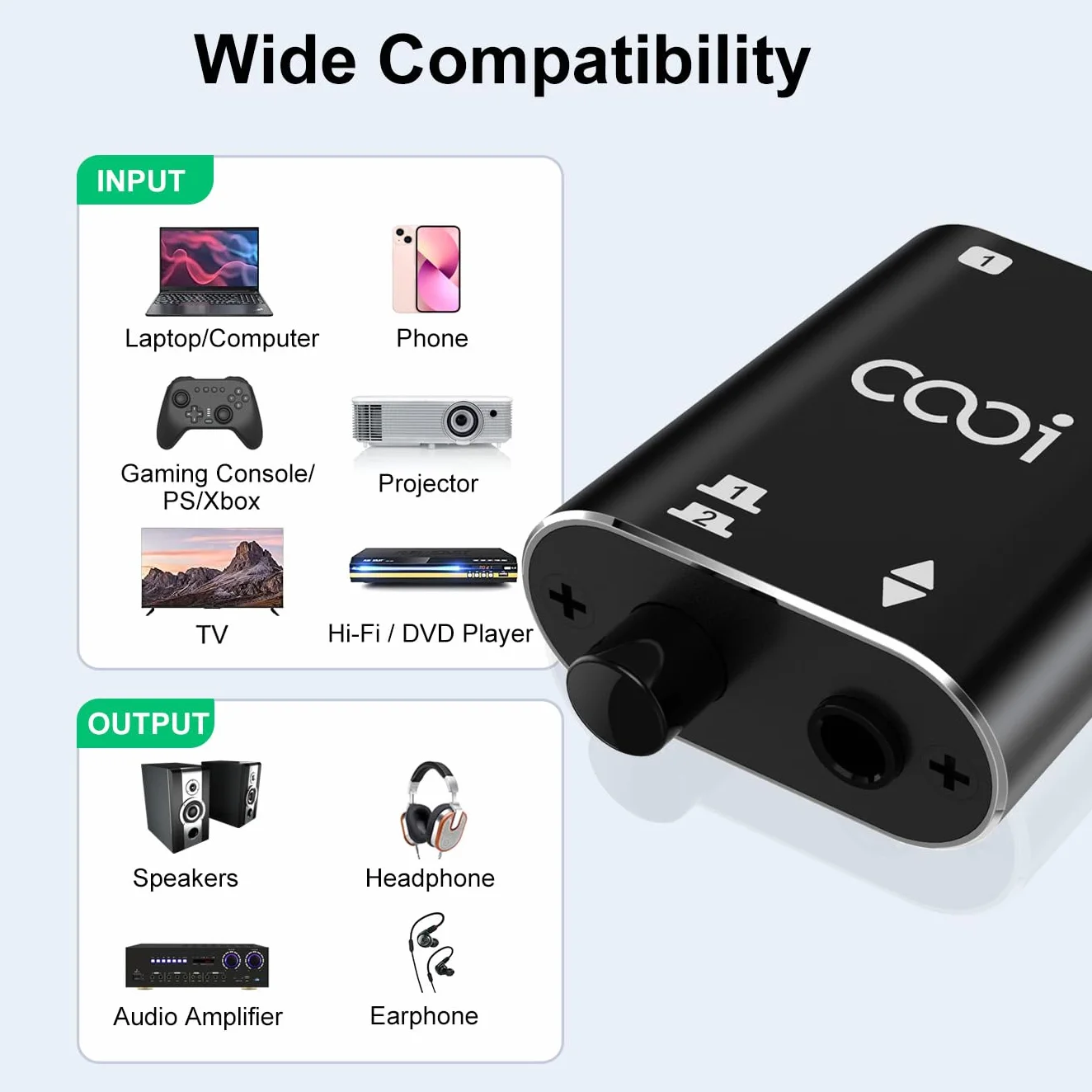 COOIDEA Switch Audio Stereo da 3,5 mm 1 Ingresso 2 Uscite 2 Ingressi 1 Uscita Selettore Altoparlanti AUX 2 Porte per PC Telefono Laptop Cuffia
