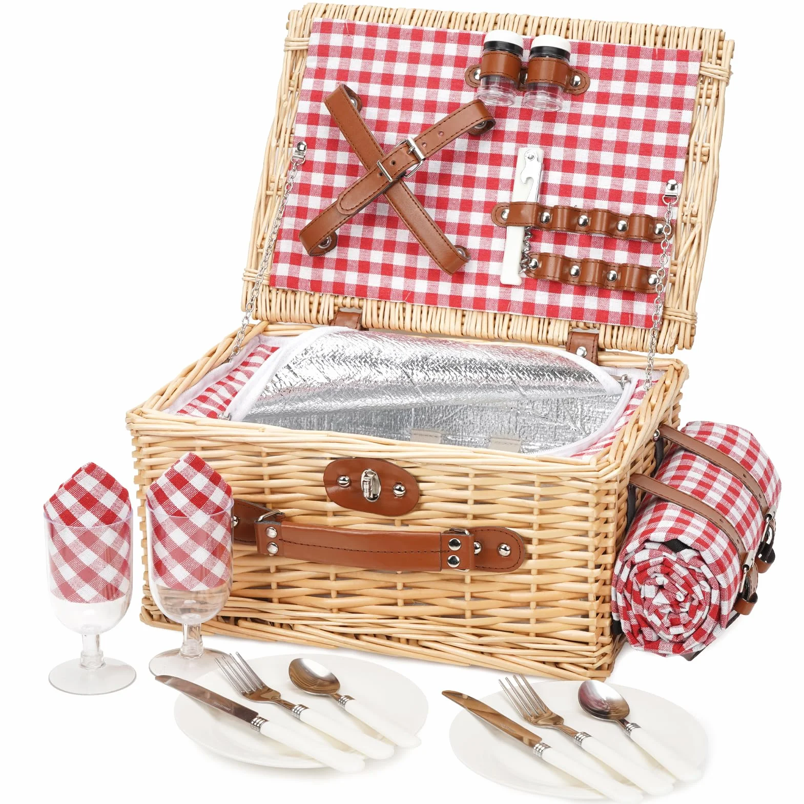 Cestino da picnic per 2 persone, set di cestini da picnic con scomparto frigorifero e coperta da picnic impermeabile, set di posate, cestino da picnic fatto a mano, ideale come regalo per campeggio