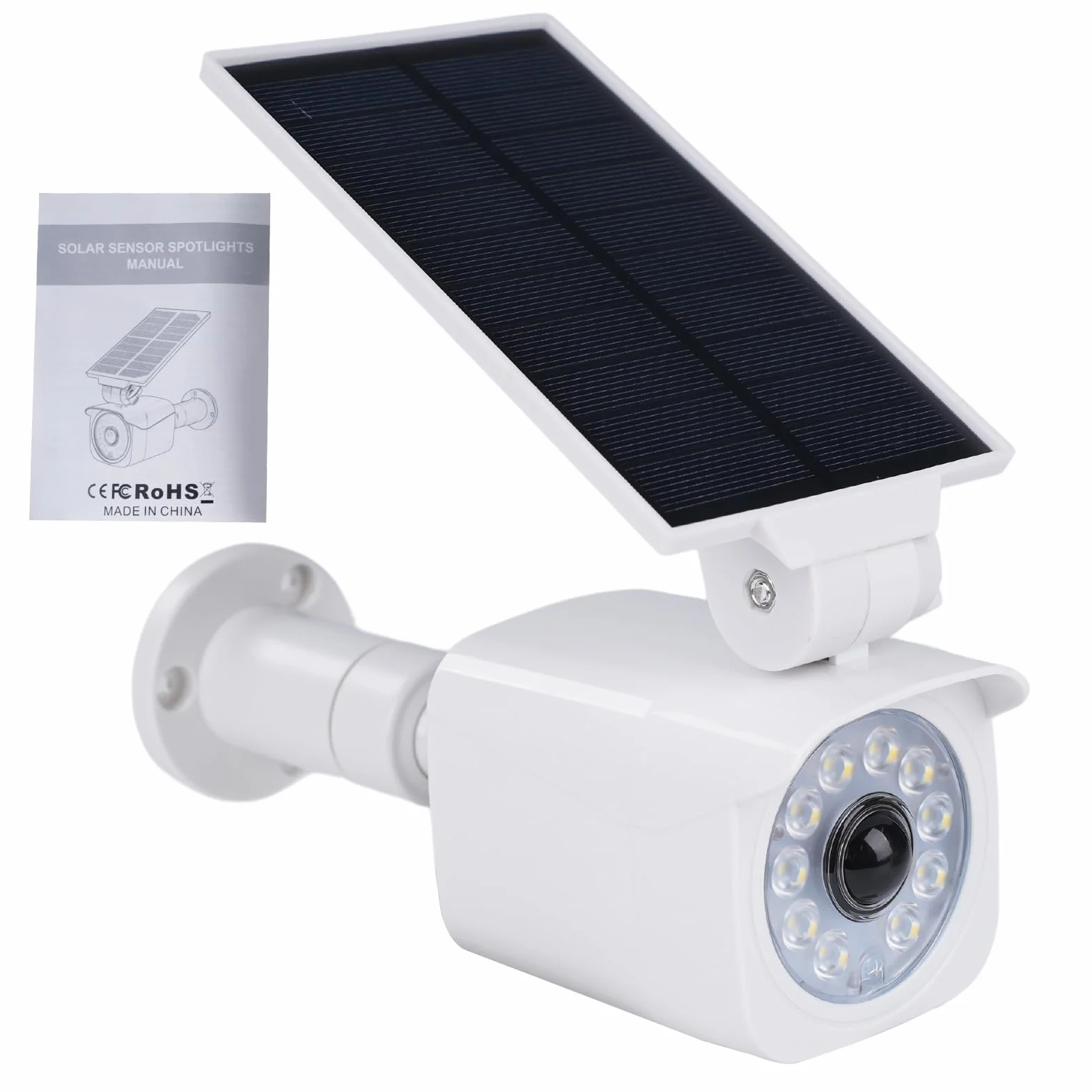 Telecamera finta da esterno Faro LED solare con sensore movimento 360° Pannello solare girevole 120° 5V 1,5W 2200mAh IP65 Bianco
