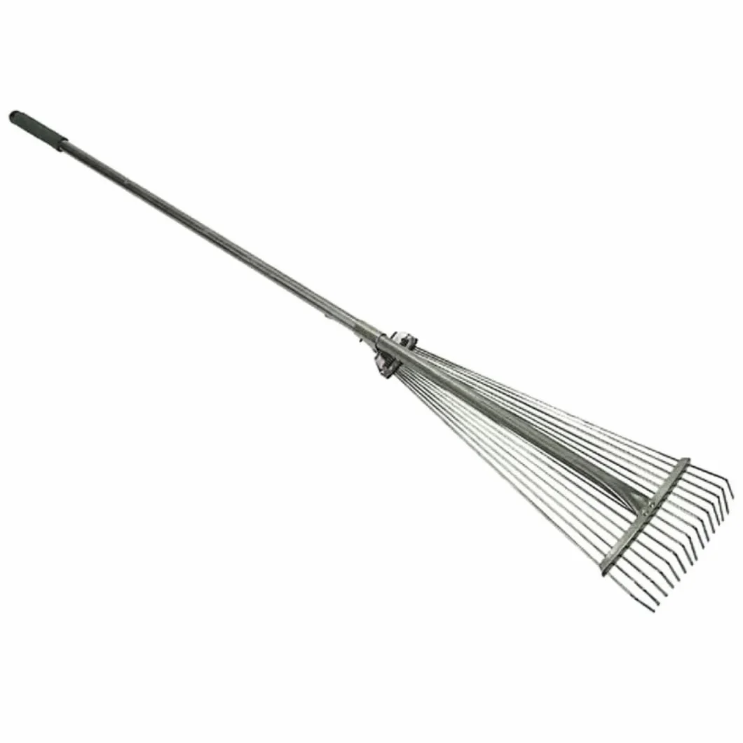 Scopa/Rastrello per Foglie Regolabile – 15 Denti in Acciaio Zincato, Manico Telescopico 126–160 cm con Impugnatura Antiscivolo – Ideale per Giardino