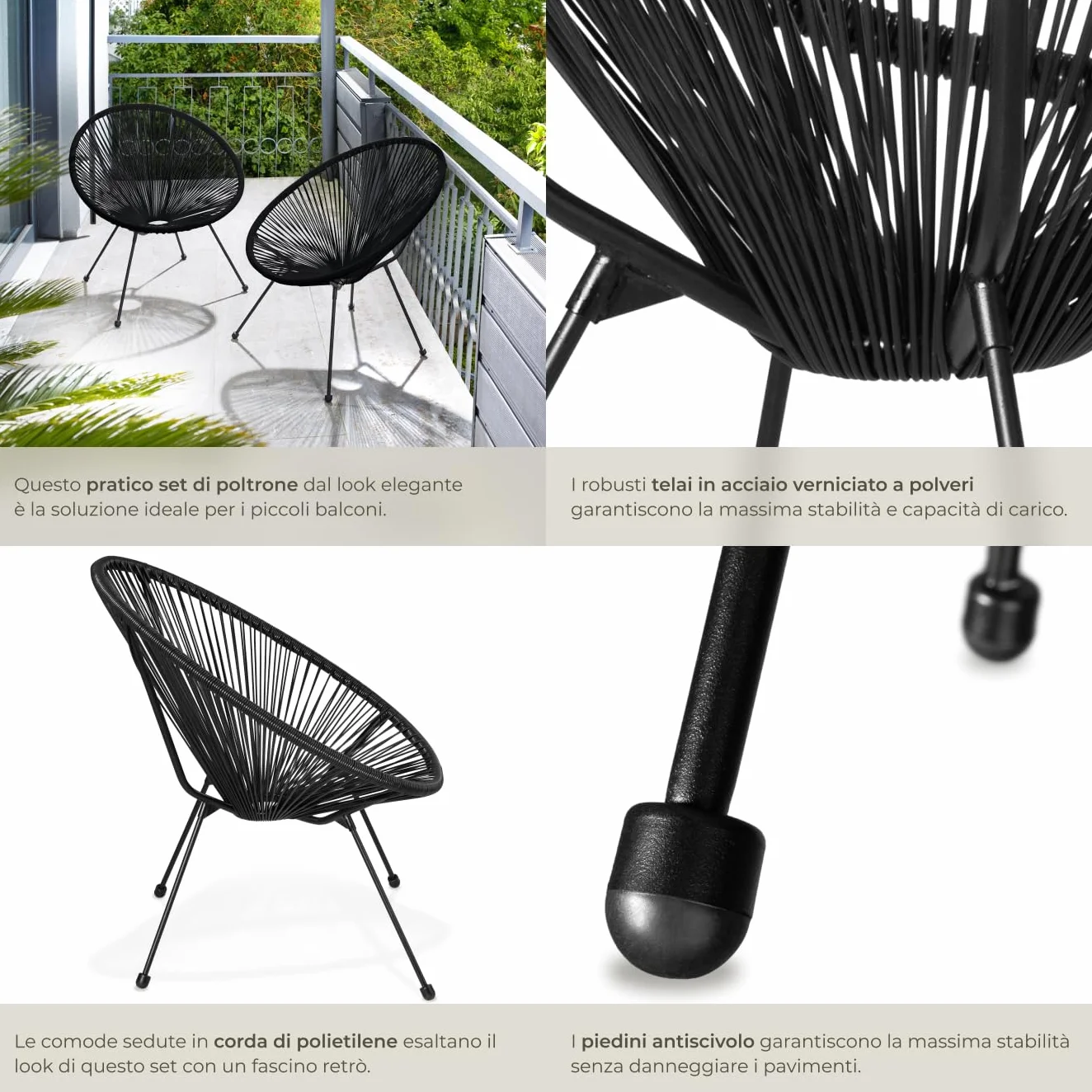 tectake® Set 2 Sedie Santana, Confortevole Set Sedie in Stile Retrò, Robusto Telaio in Acciaio, Corde Elastiche in Polietilene, Adatto per Interni ed Esterni - Nero