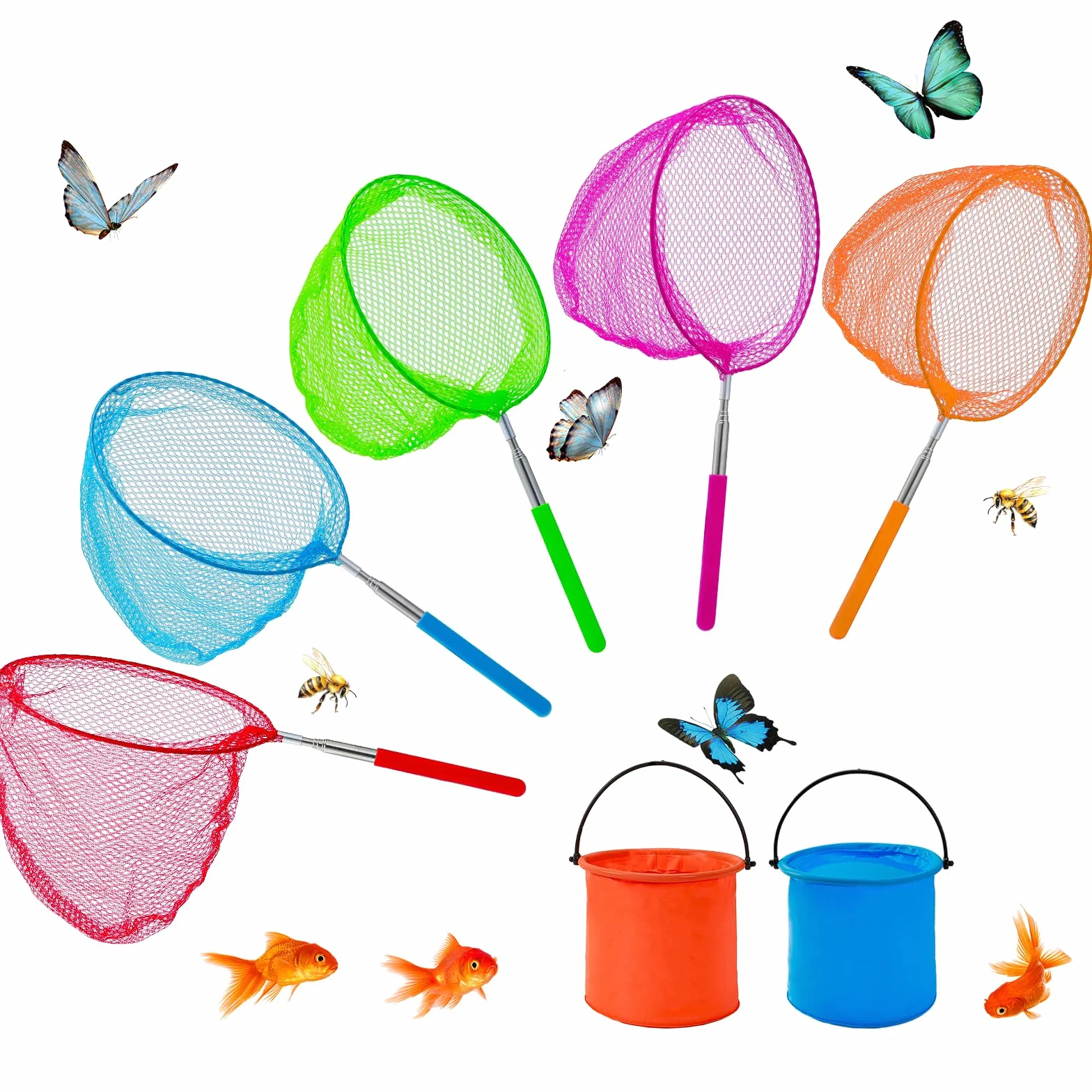 Retino per Bambini, Retino Telescopico per Bambini, Set da 7 Pezzi include 5 Retini per Farfalle e 2 Secchio Pieghevole, Retino da Pesca per Bambini per Catturare Insetti, Pesci, Giardino