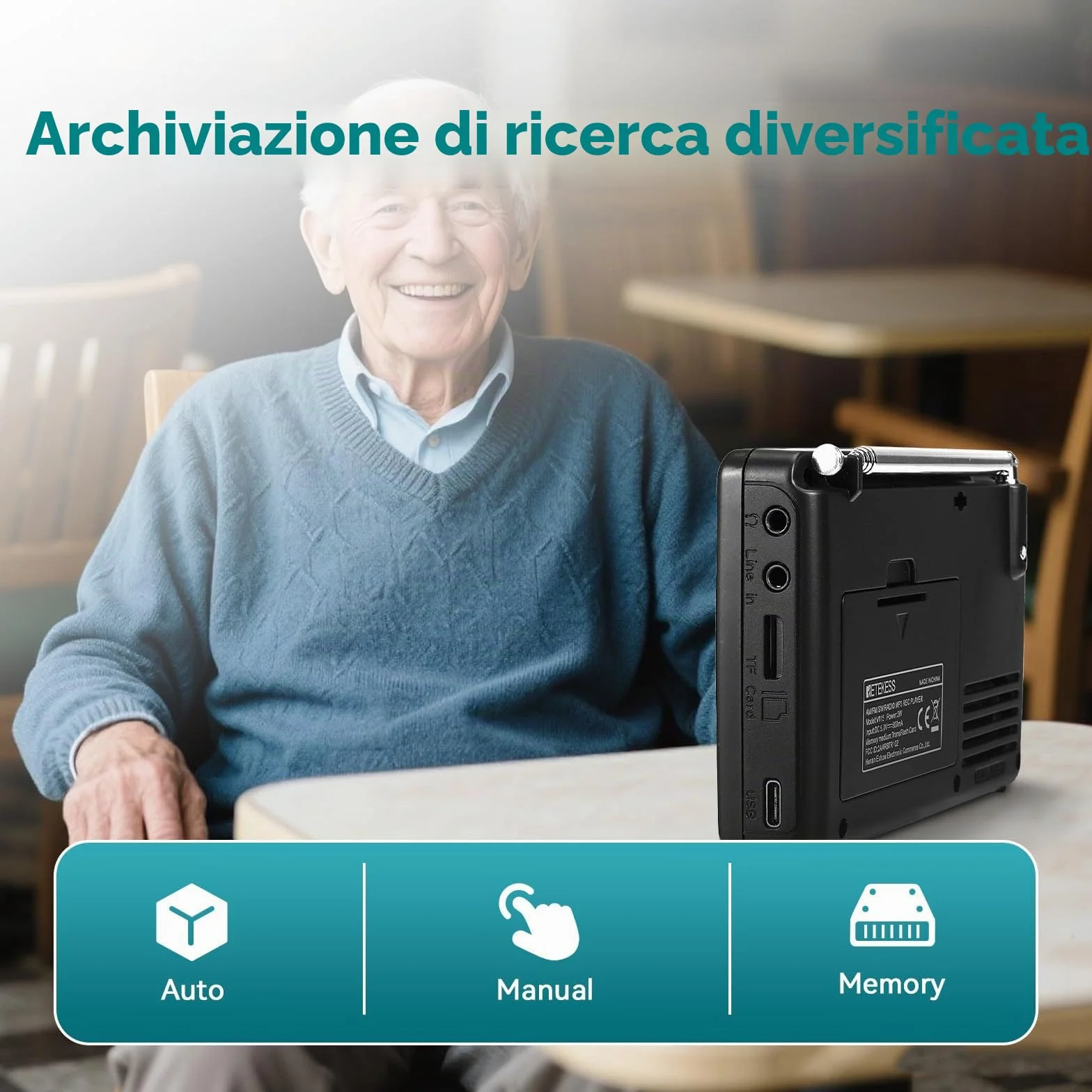 Retekess V115 Radio FM Portatile AM SW con Supporto USB AUX TF Batteria Ricaricabile Nero