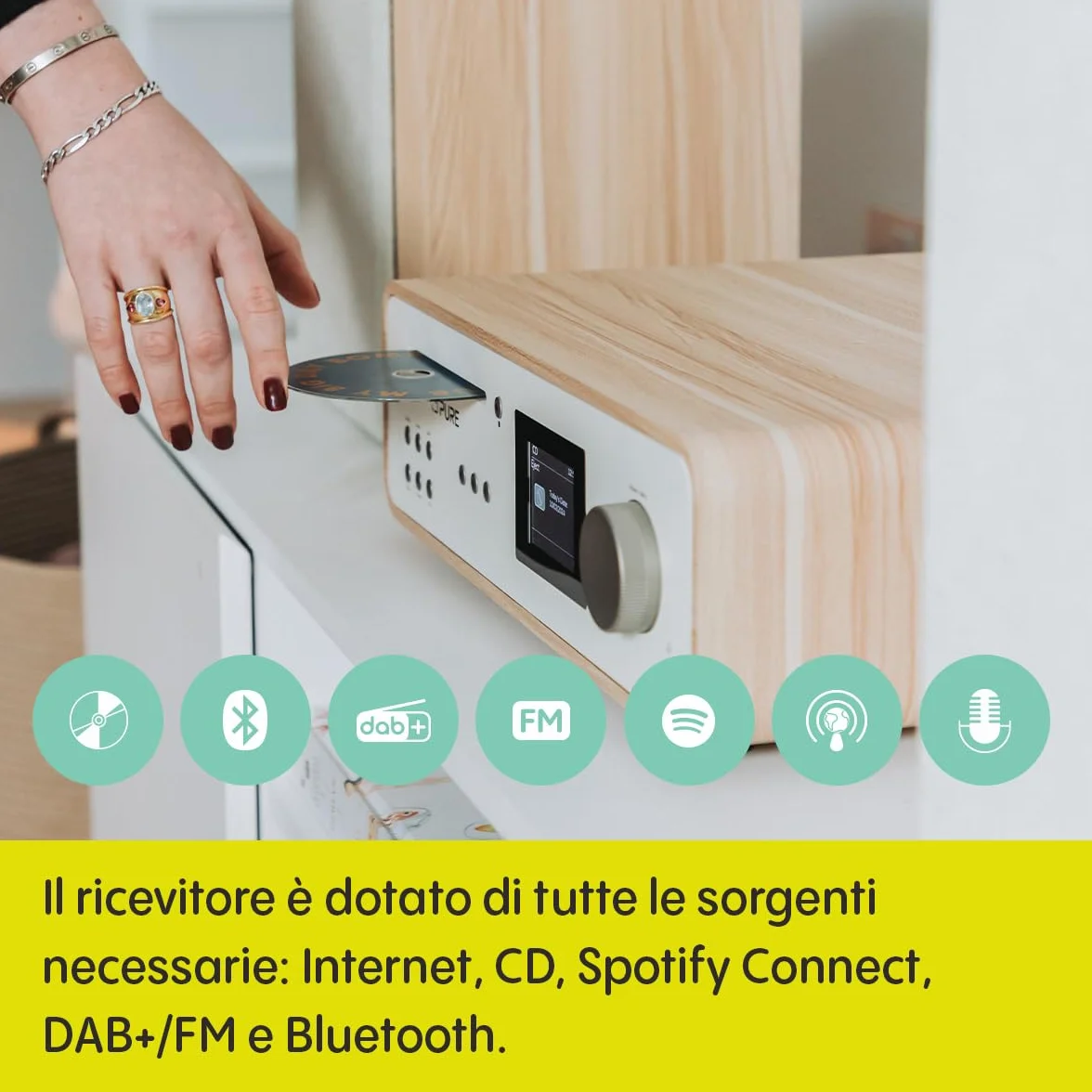 Pure Classic Stereo HiFi Music System 100 W Radio Internet DAB+/FM Bluetooth CD USB Spotify Cotton White/Oak