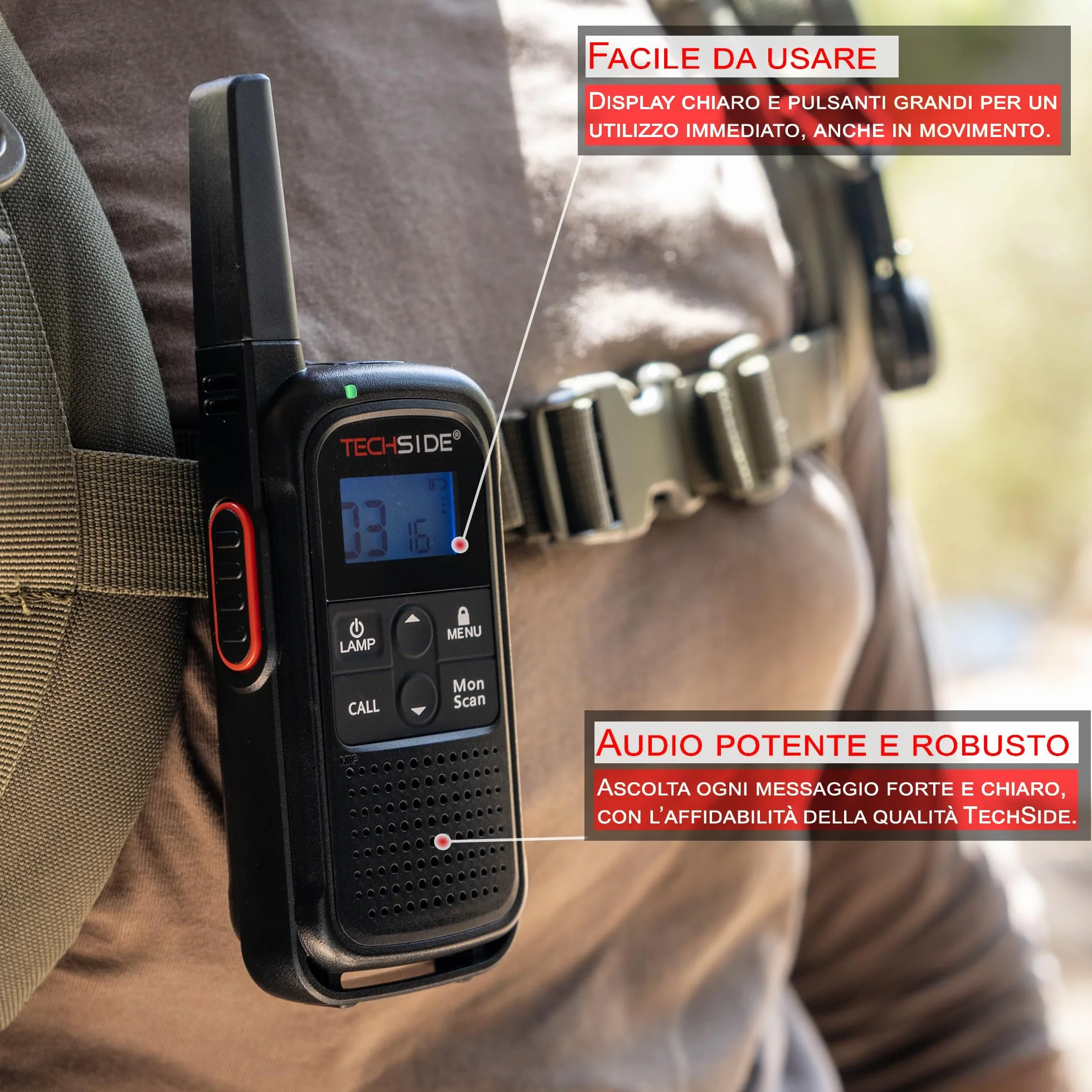 TechSide TS-T3 Go Ricetrasmittente PMR446 16 Canali 10 km USB-C Torcia LED 2 Pezzi