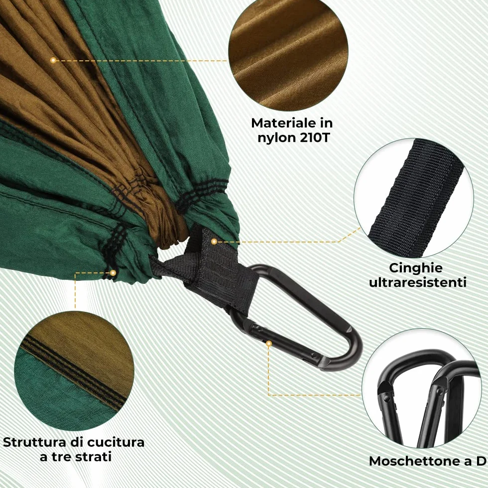 Amaca ultraleggera da viaggio per esterni con corde di sospensione e moschettoni in acciaio, capacità carico 300 kg per campeggio giardino