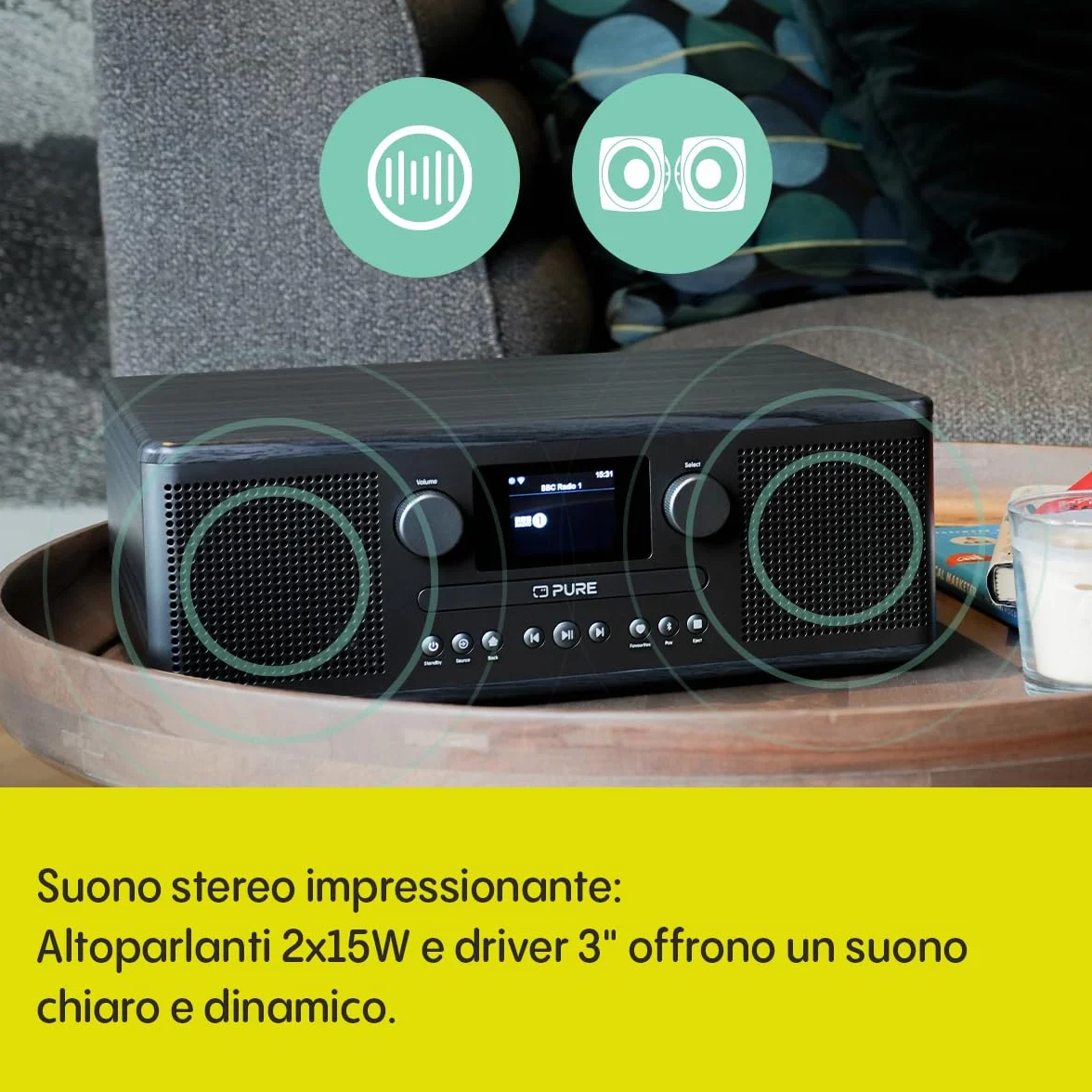 Pure Classic C-D6i Radio Internet All-in-One WiFi DAB+/FM Bluetooth 5.3 Lettore CD USB AUX Audio Stereo 2x15W Display Colori Sveglia Sleep Timer Nero