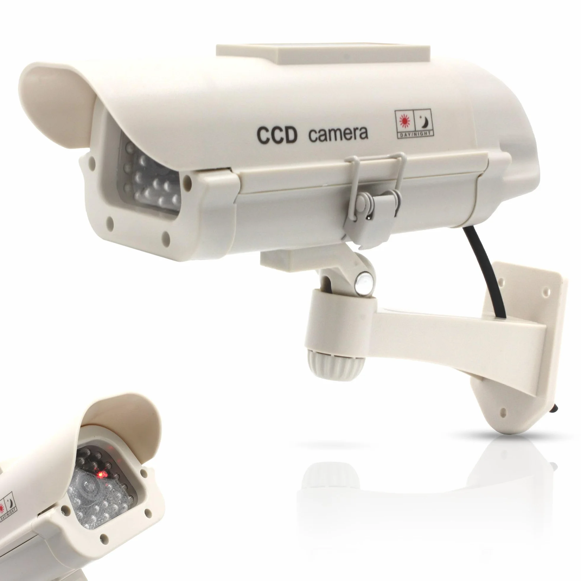Fishtec Telecamera Finta da Esterno CCTV con LED Lampeggiante e Pannello Solare Bianco