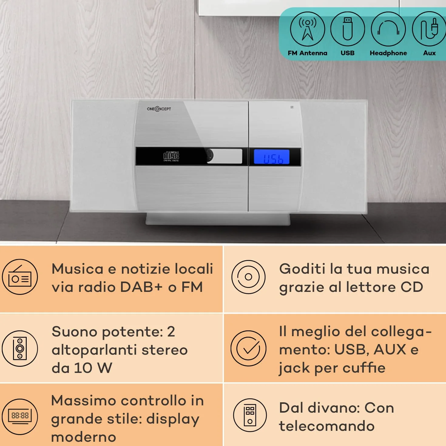oneConcept Radio Portatile con Lettore CD HiFi, FM Stereo, AUX, 2 Altoparlanti, Display LCD, Telecomando, Sveglia, MP3, SD
