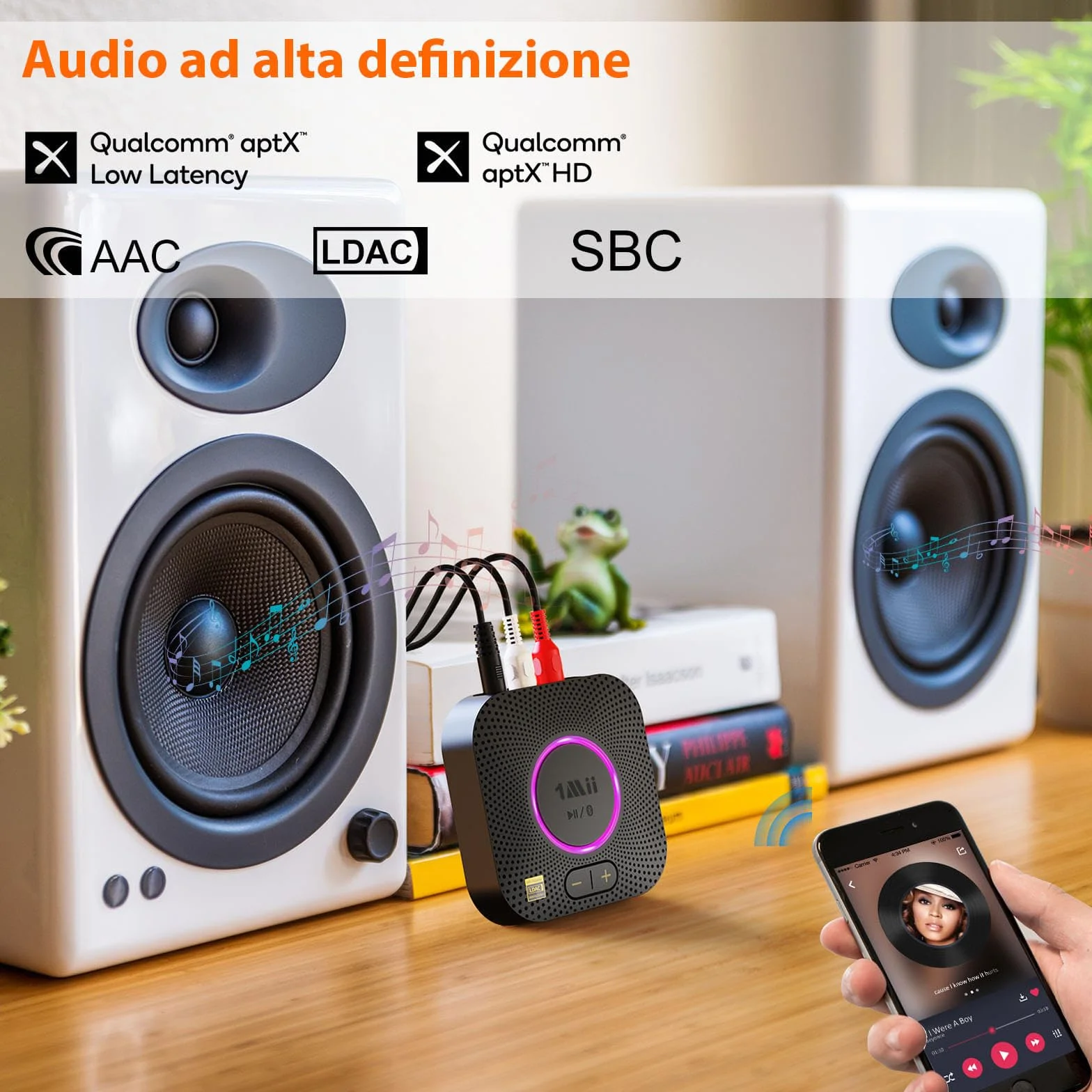1Mii B06S+ Ricevitore Bluetooth 5.3 HiFi LDAC Adattatore Audio con Jack AUX 3.5mm RCA aptX Bassa Latenza 100ft Controllo Volume