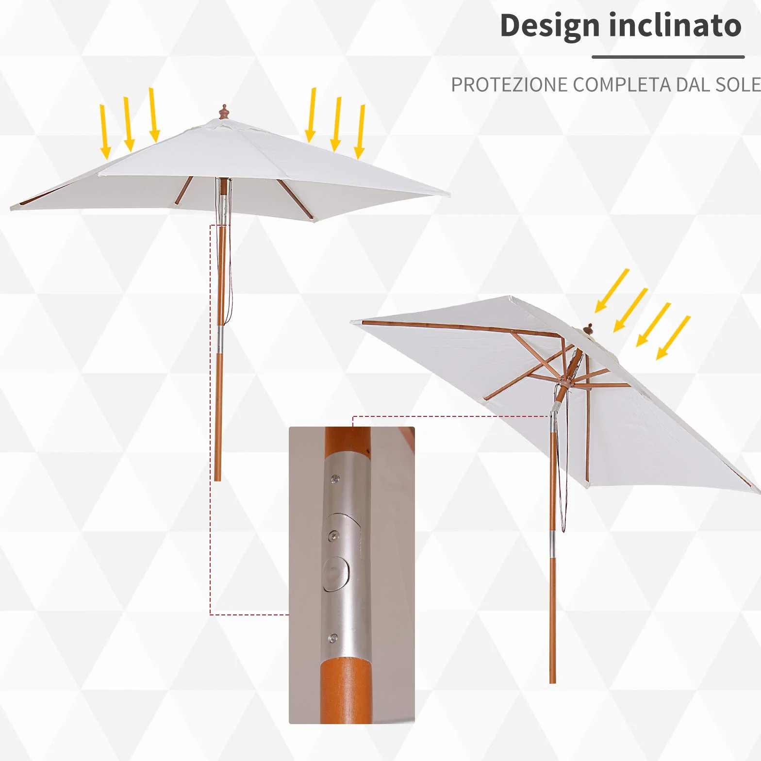 Outsunny Ombrellone da Giardino Inclinabile 2x1.5 m con Sistema a Corda e Presa d'Aria, Ombrellone da Esterno a 6 Stecche, in Legno, Bambù e Poliestere 180g/㎡, per Cortile Balcone Terrazzo, Crema