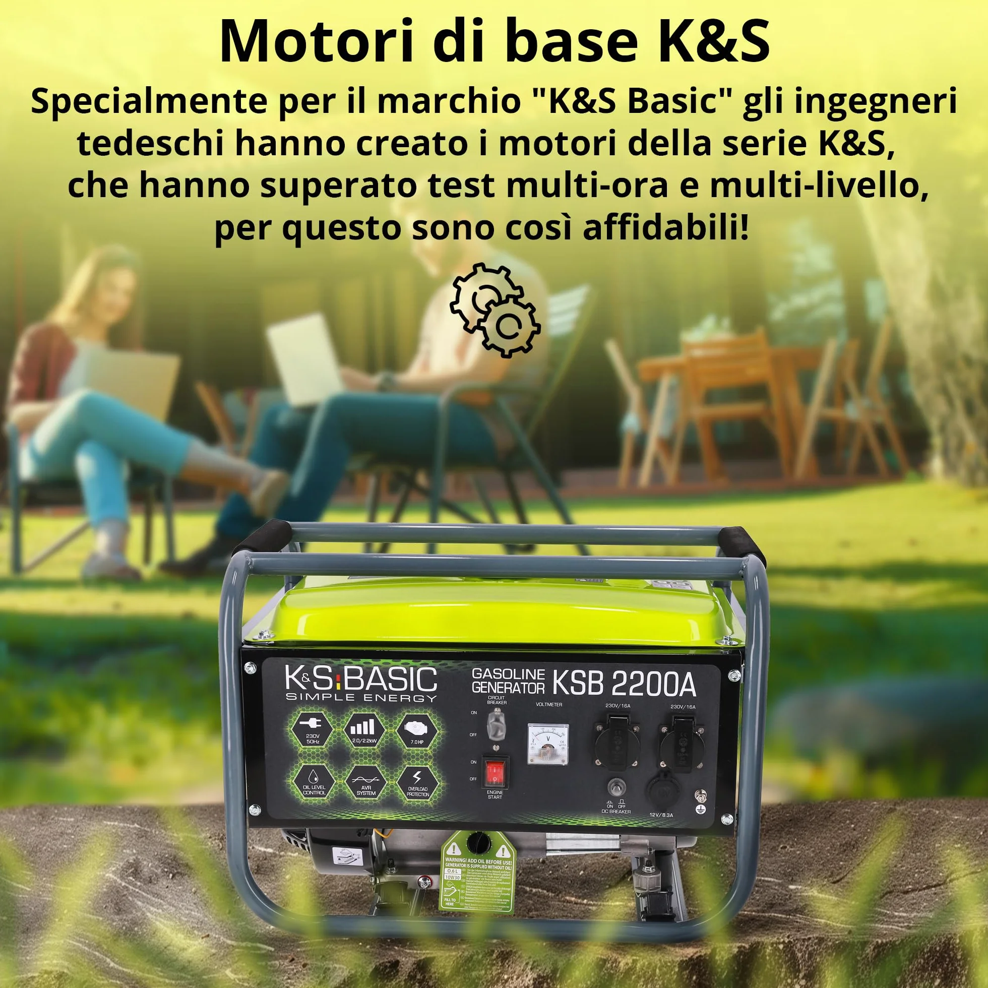 KSB 2200А - Generatore di corrente, motore a benzina a 4 tempi, 5,5 CV, in alluminio, con regolatore automatico di tensione (AVR), 2200 W 16 A, 230 V per uso domestico e ricreativo