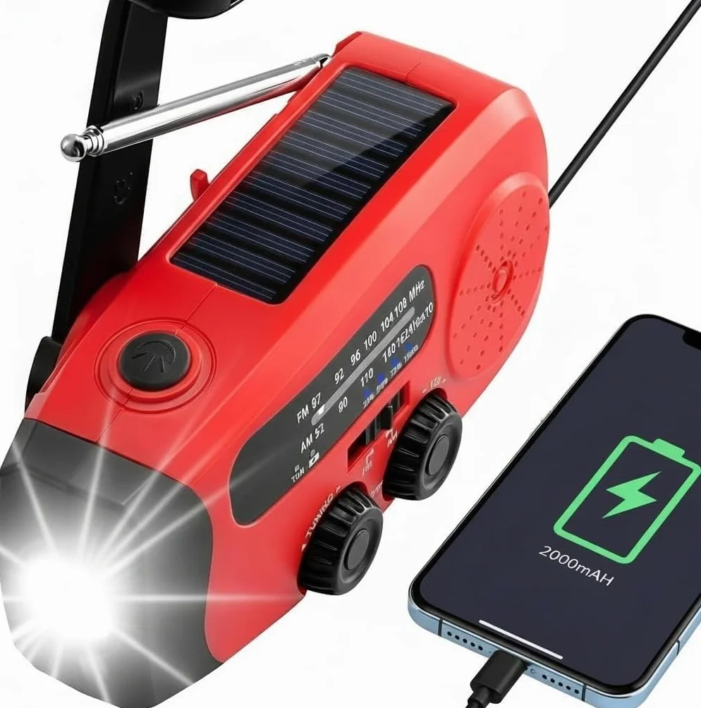 Radio Solare a Carica Manuale AM/FM Portatile con Torcia LED e Power Bank 2000mAh