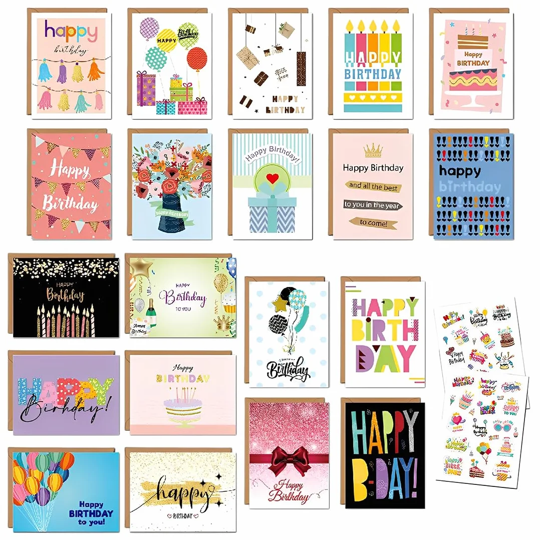 Biglietti Auguri Compleanno 20 Pezzi con Busta e Adesivi, Cartoline Compleanno Divertenti per Uomini Donne Bambini