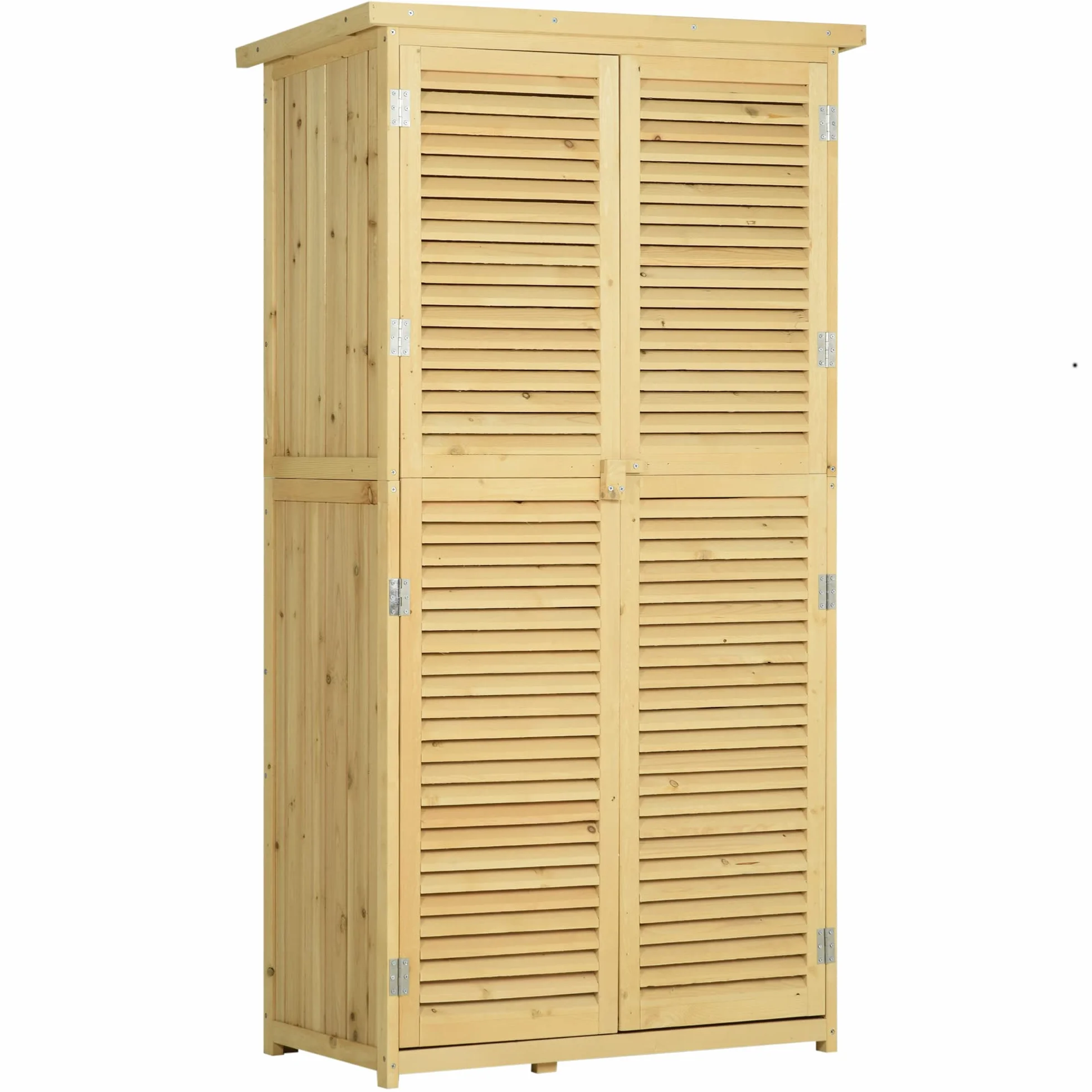Outsunny Casetta in Legno da Giardino con Tetto Impermeabile, Armadio da Esterno Porta Attrezzi da Giardino con 4 Scompartimenti, 87x46.5x160cm, Color Legno