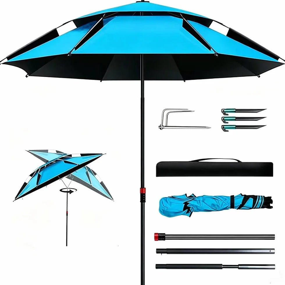 PASLFC Ombrellone da spiaggia, resistente al vento, stabile, girevole a 360°, stecche in fibra di vetro ispessite, protezione UV, isolamento termico, design traspirante a doppio strato, per balcone