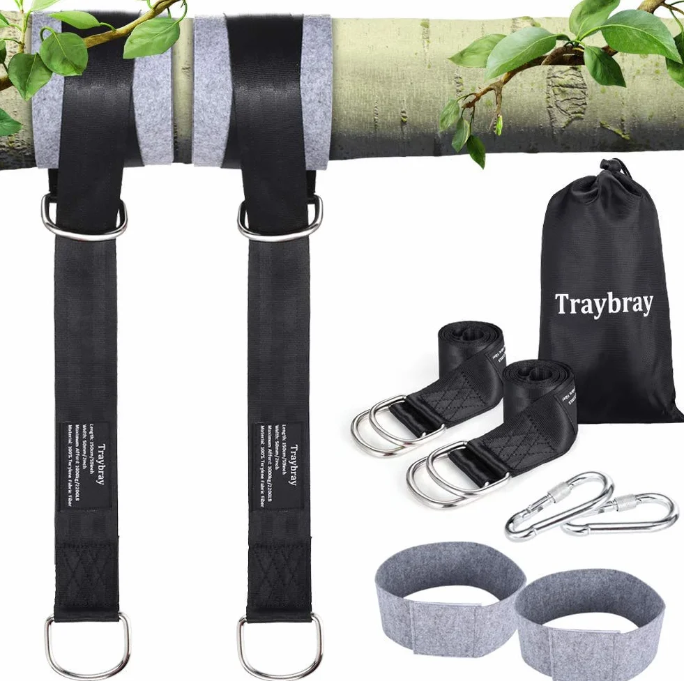 Cinghie per Amaca Kit Sospensione Portata 1000KG, Cinghie per Altalena con 2 Moschettoni & Anelli a D, 2 Feltri Protettivi per Alberi, per Tutti i Tipi di Altalene- con Sacchetto Stoccaggio