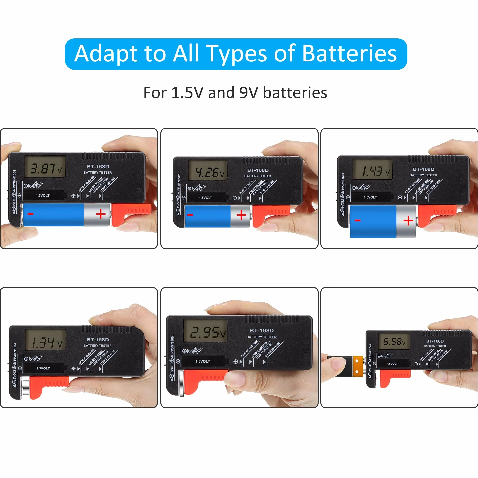 Tunejoy Tester per Batteria Digitale Universale con Display LCD per AA AAA C D PP3 9V 1.5V Bottone