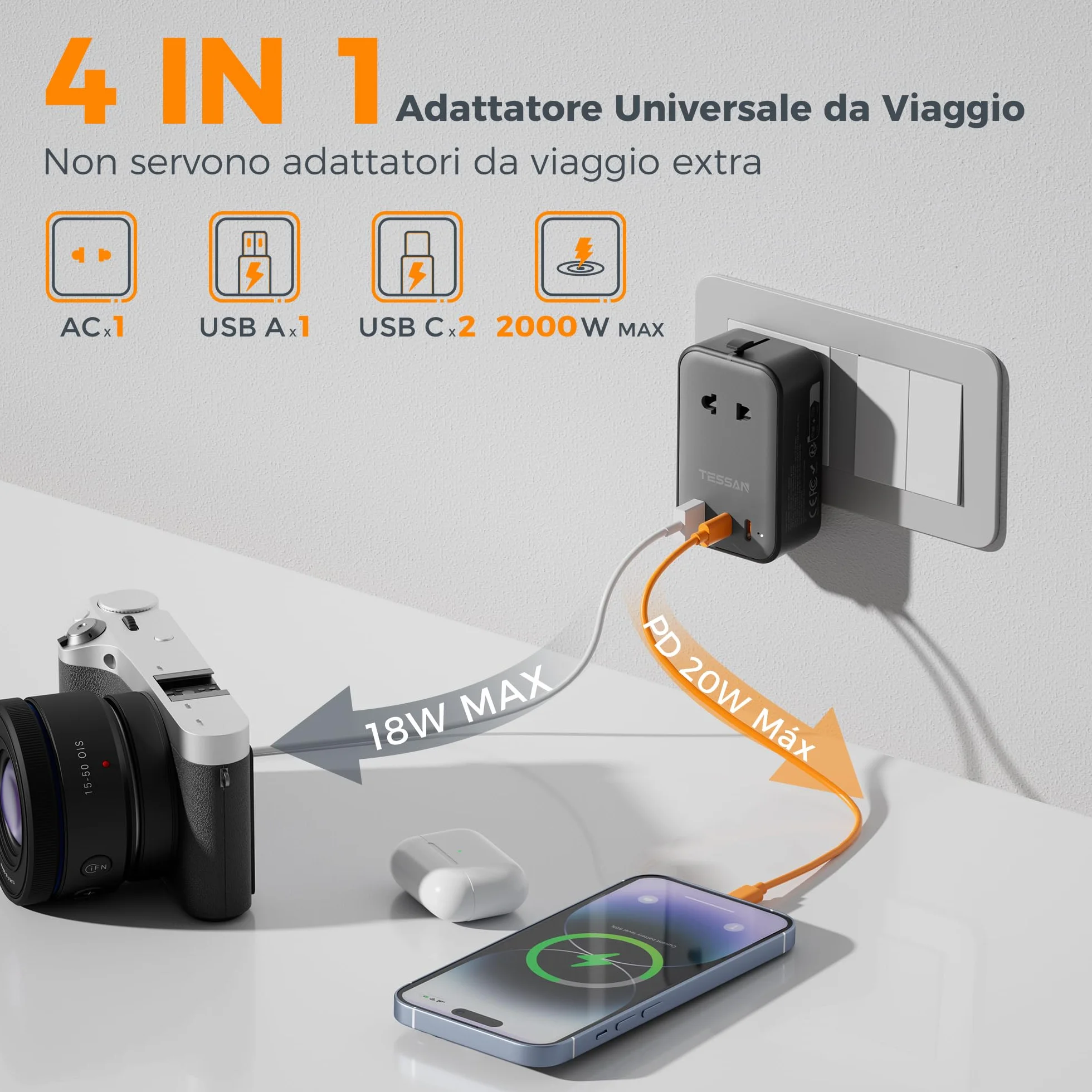 TESSAN Adattatore Universale da Viaggio con 2 USB C PD 20W e 1 USB A, Worldwide Travel Adapter per Presa Inglese Americana Australia Thailandia Giappone