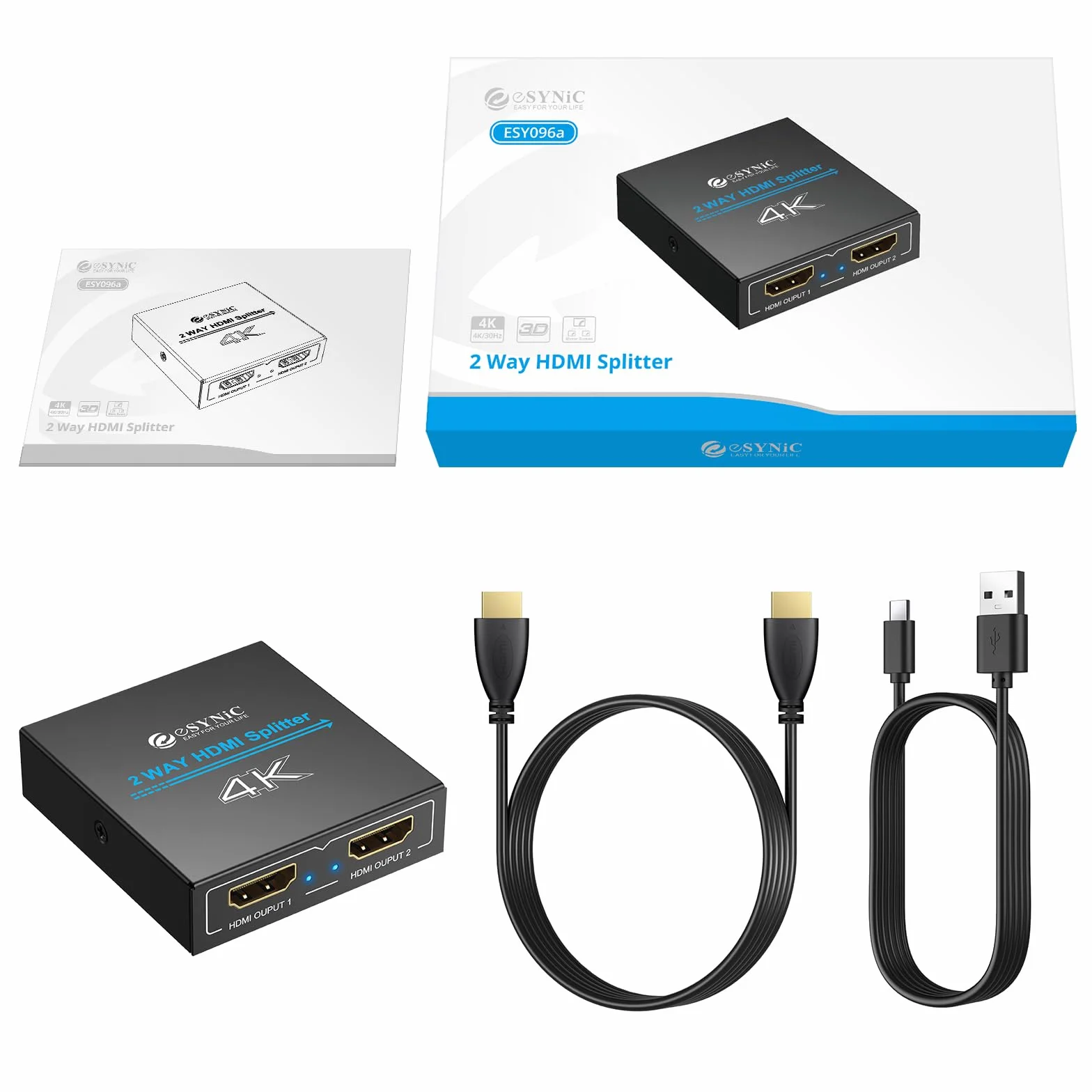 ESYNiC HDMI Splitter 1 in 2 Out 4K/30Hz con Cavo HDMI 1m e USB-C, UHD 4Kx2K Amplificatore Distributore, Supporta 3D 1080P 2160P HDCP 1.4
