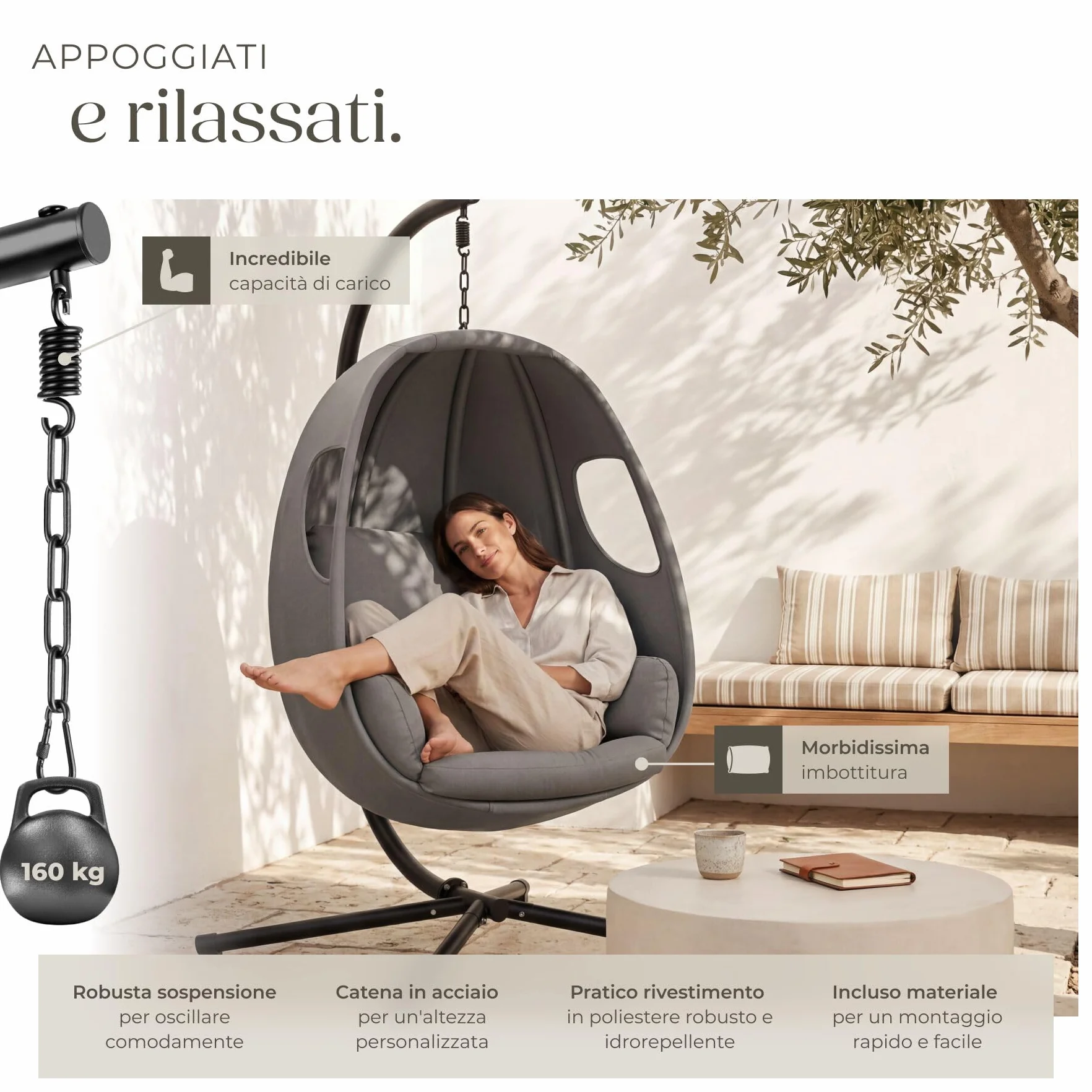 tectake® Poltrona Sospesa con Cuscino Spesso, Sedia Sospesa da Giardino Soggiorno e Terrazza, Schienale e Braccioli Imbottiti, Resistente alle Intemperie, Cover Protettiva, MAX 160 kg - Antracite