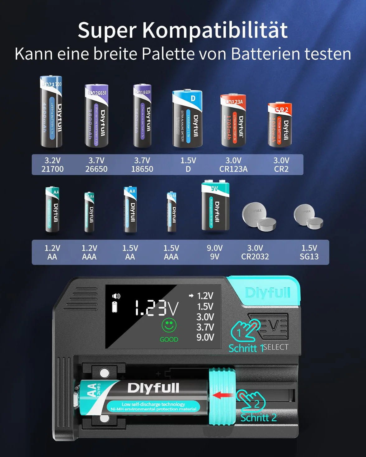 Dlyfull Tester professionale per batterie con display LCD per AA AAA C D 9V batterie a bottone 1,2V 1,5V 3V 3,7V