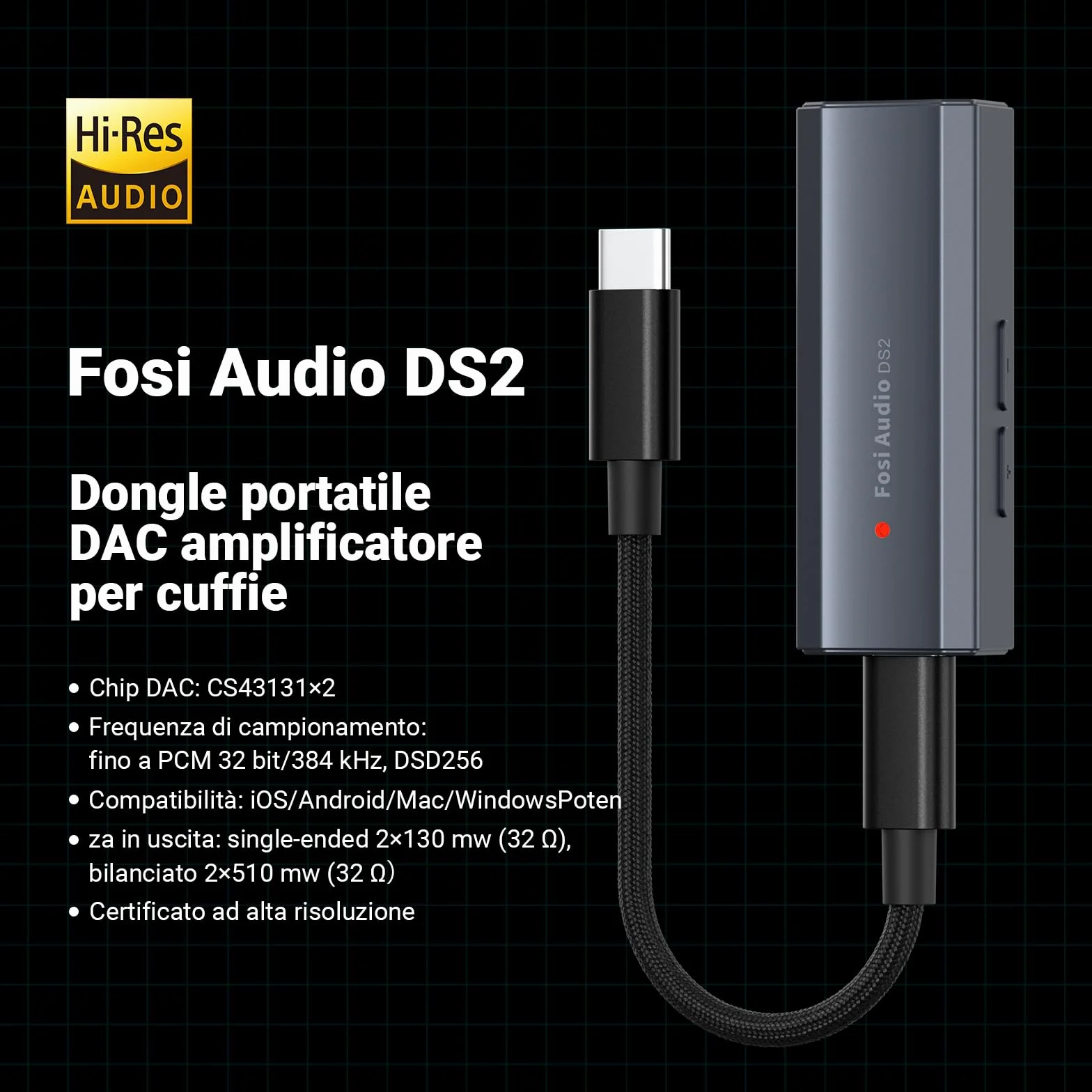 Fosi Audio DS2 DAC Amplificatore Cuffie USB C Hi-Res 32bit/384kHz DSD256 Uscite Doppie 4,4 + 3,5 MM Portatile 16-300Ω Doppio Chip CS43131