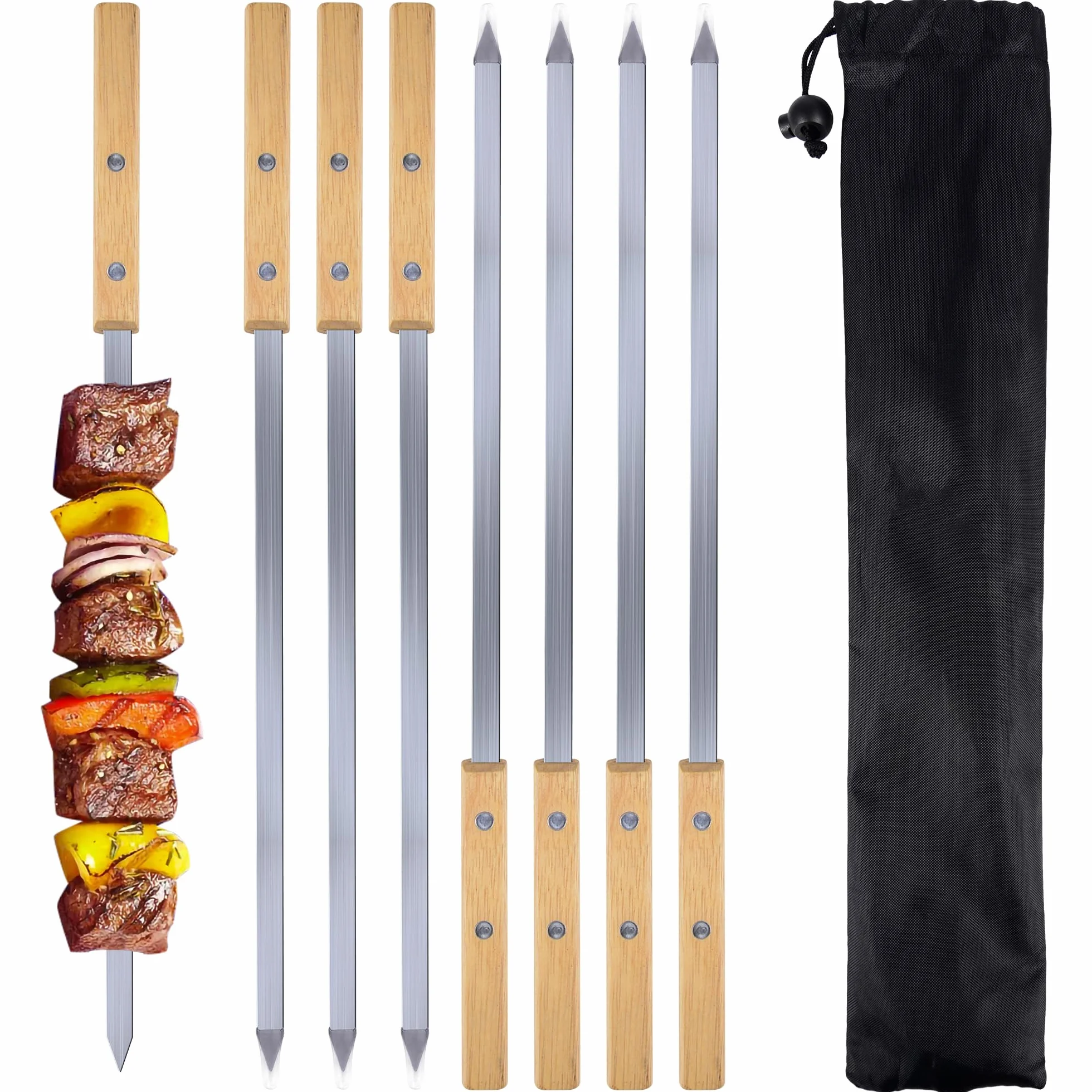 Spiedini Barbecue in Acciaio Inox 42 cm con Manici in Legno di Faggio, Set 8 Pezzi