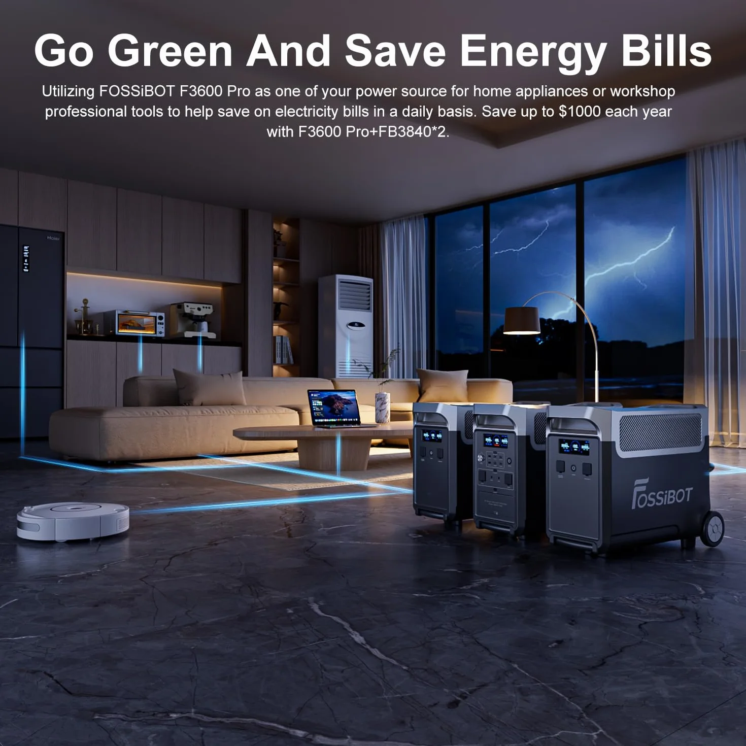 FOSSIBOT F3600 Pro Power Station con pannello solare da 420 W, 3840 Wh LiFePO4, 3600 W, uscita AC espandibile, 3,8-11,5 kWh, Power Station per casa, campeggio, camper