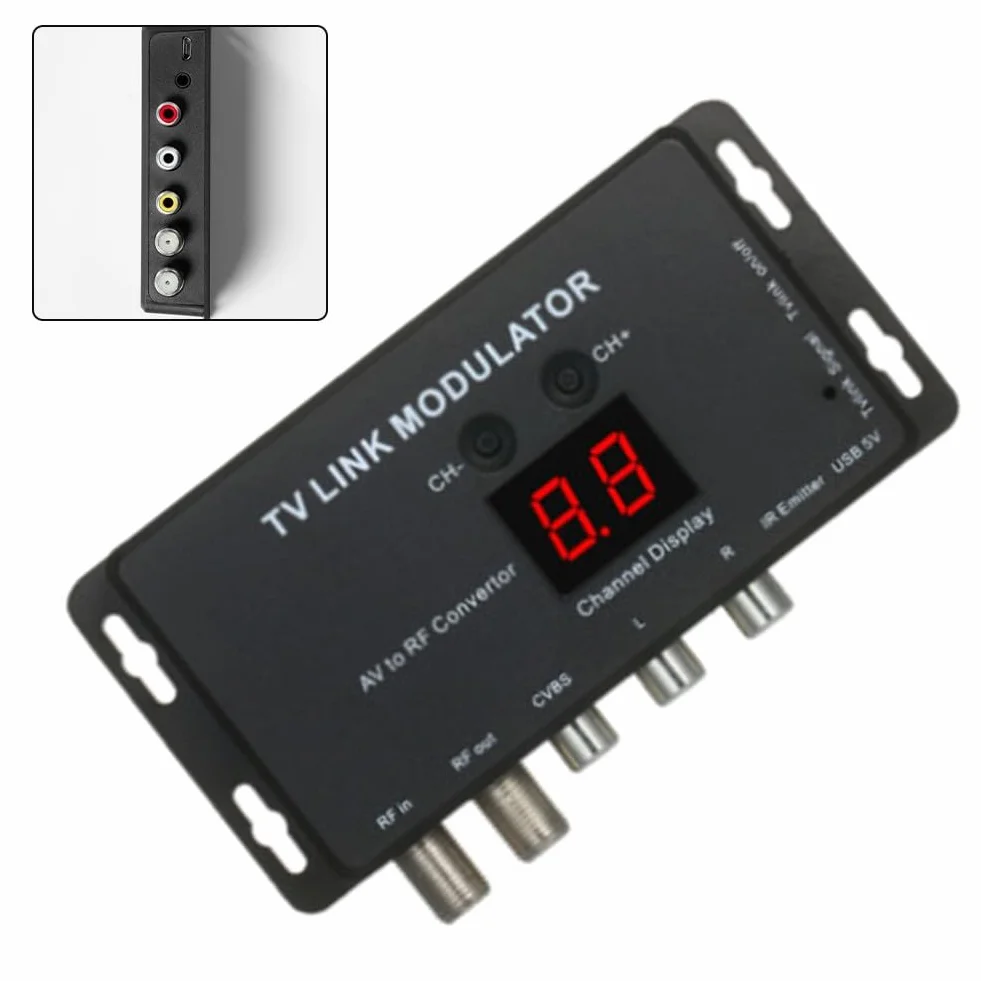 TM70 UHF TV Link Modulatore AV a RF Converter con display canale, uscita regolabile PAL/NTSC nero