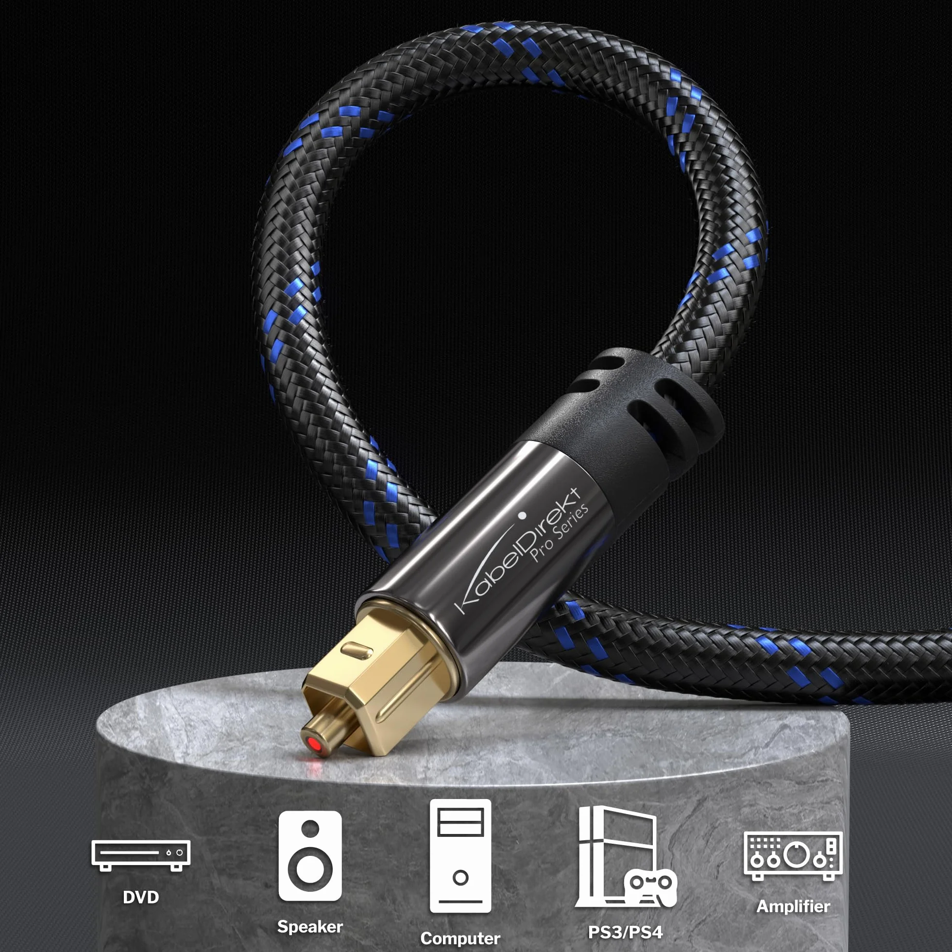 KabelDirekt Cavo TOSLINK Audio Ottico 2m Fibra Ottica S/PDIF Intrecciato Nylon