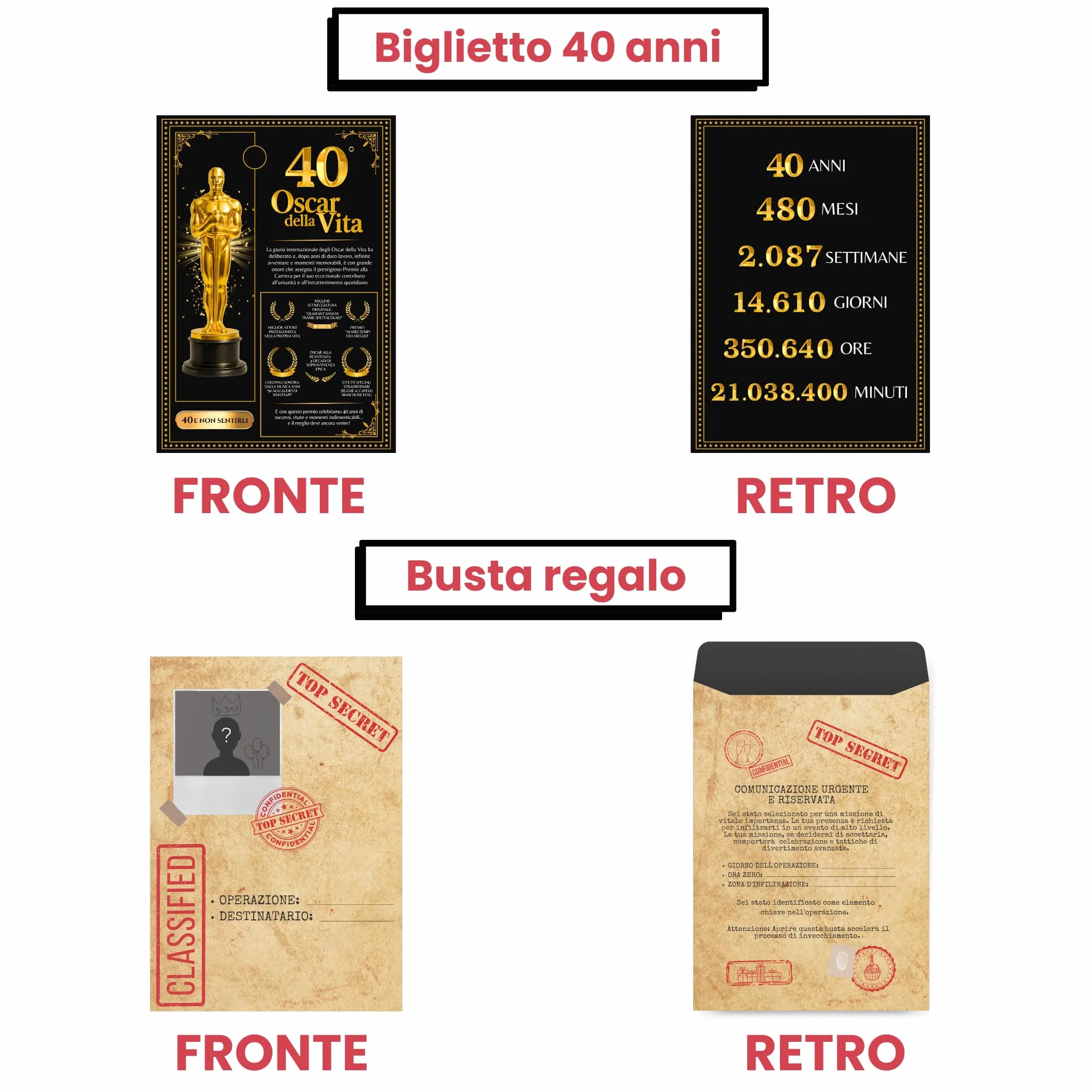 Biglietto auguri 40 anni uomo donna Stile Oscar compleanno 40/50/60 anni