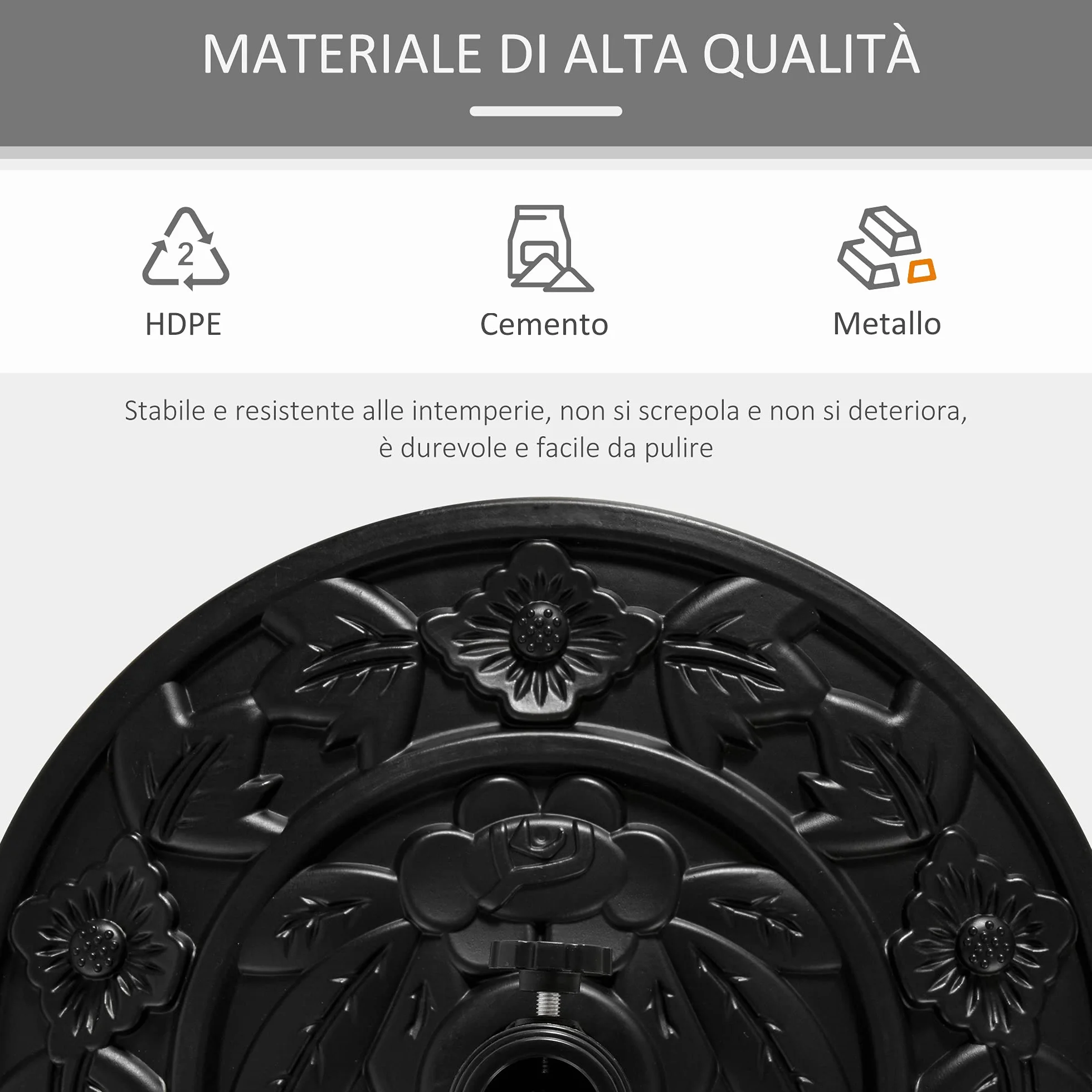Outsunny Base per Ombrellone Semicircolare con Palo da 35/38/48 mm e Motivi Floreali, Basamento per Ombrellone in Cemento, HDPE e Metallo, Ø50x32x32 cm, Nero