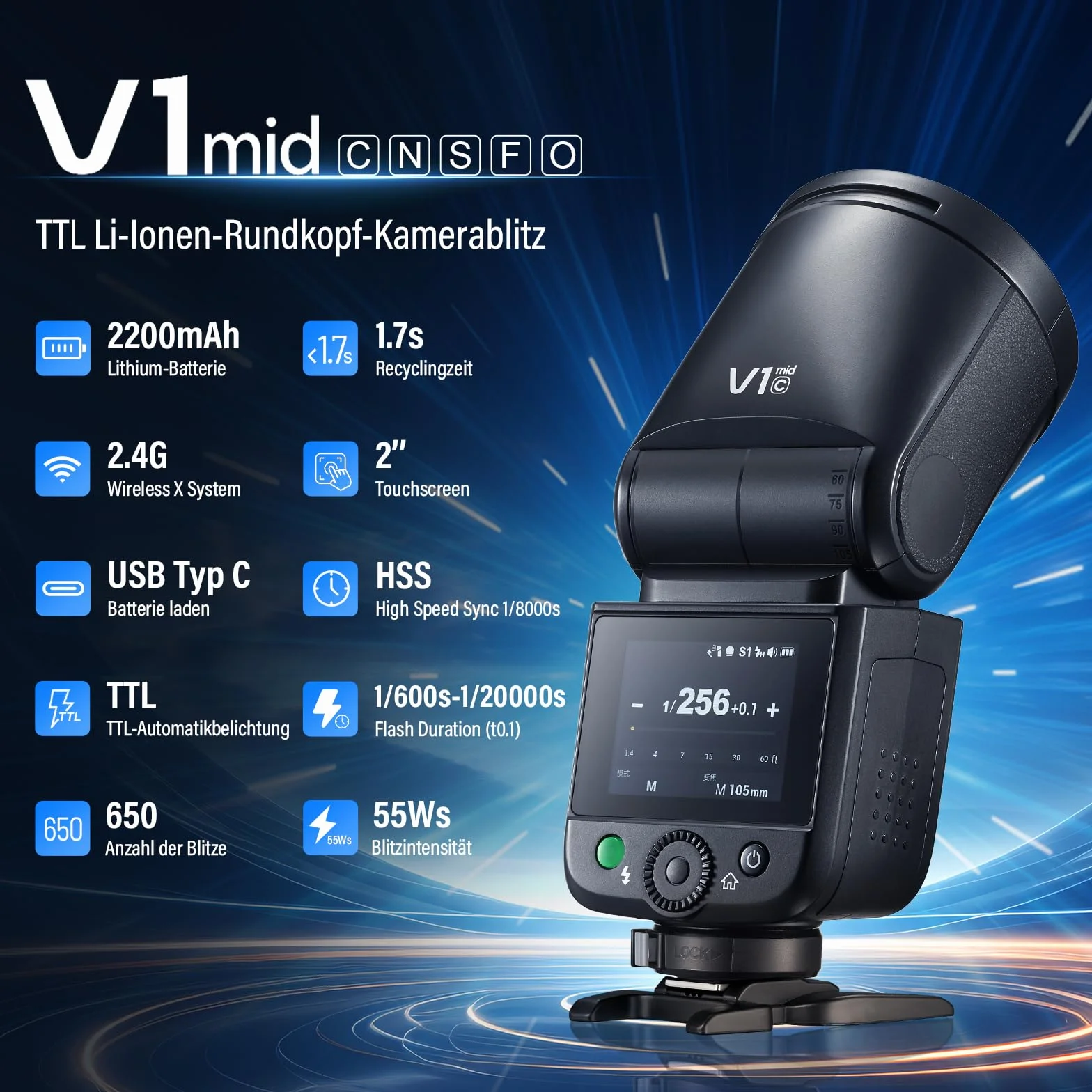Godox V1 Mid C Flash Fotocamera 55Ws Speedlite Testa Rotonda TTL 2,4G HSS 1/8000s USB-C Compatibile Canon EOS R5 R8