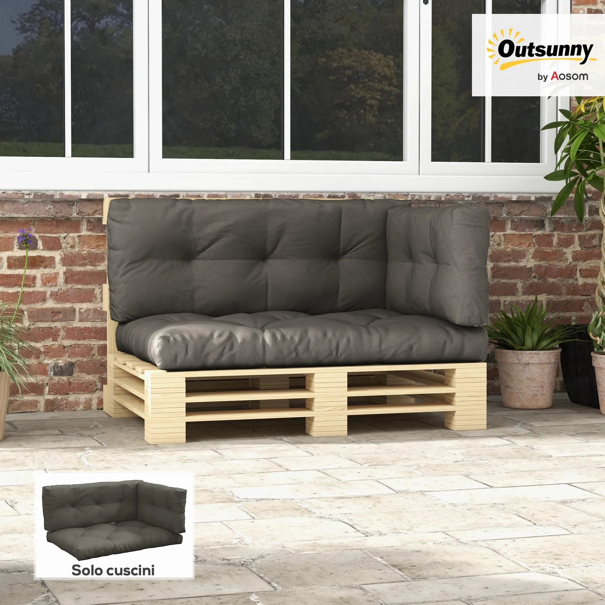 Outsunny Cuscini per Pallet da Giardino 3 Pezzi, Imbottitura Spessa, Poliestere, Grigio Carbone
