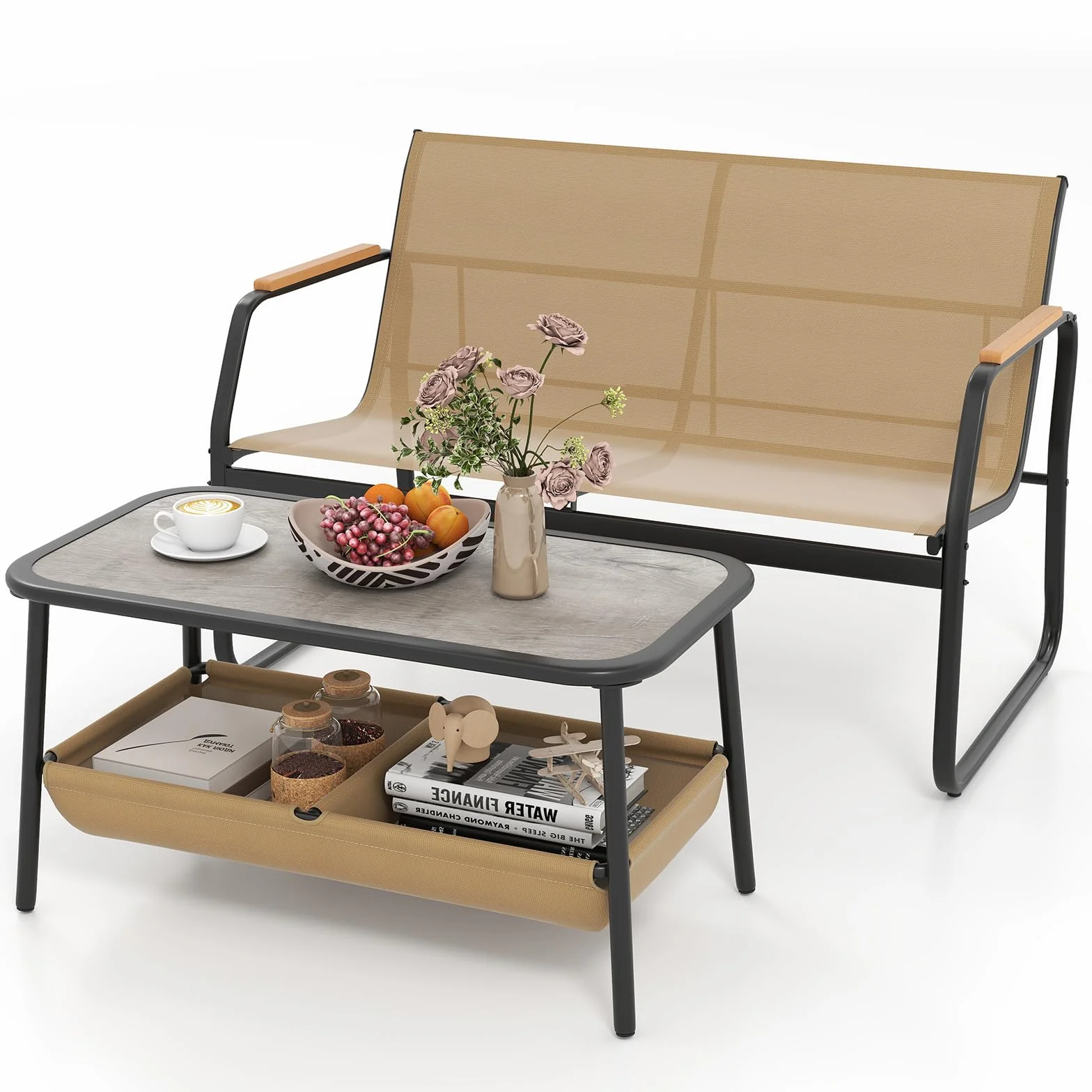 KOMFOTTEU Set di Mobile da Giardino in 2 Pezzi, Set Tavolo e Sedie da Balcone in Tessuto Textilene, Set da Bistrò con Divanetto 2 Posti e Tavolino con 2 Scomparti di Stoccaggio, per Veranda, Marrone