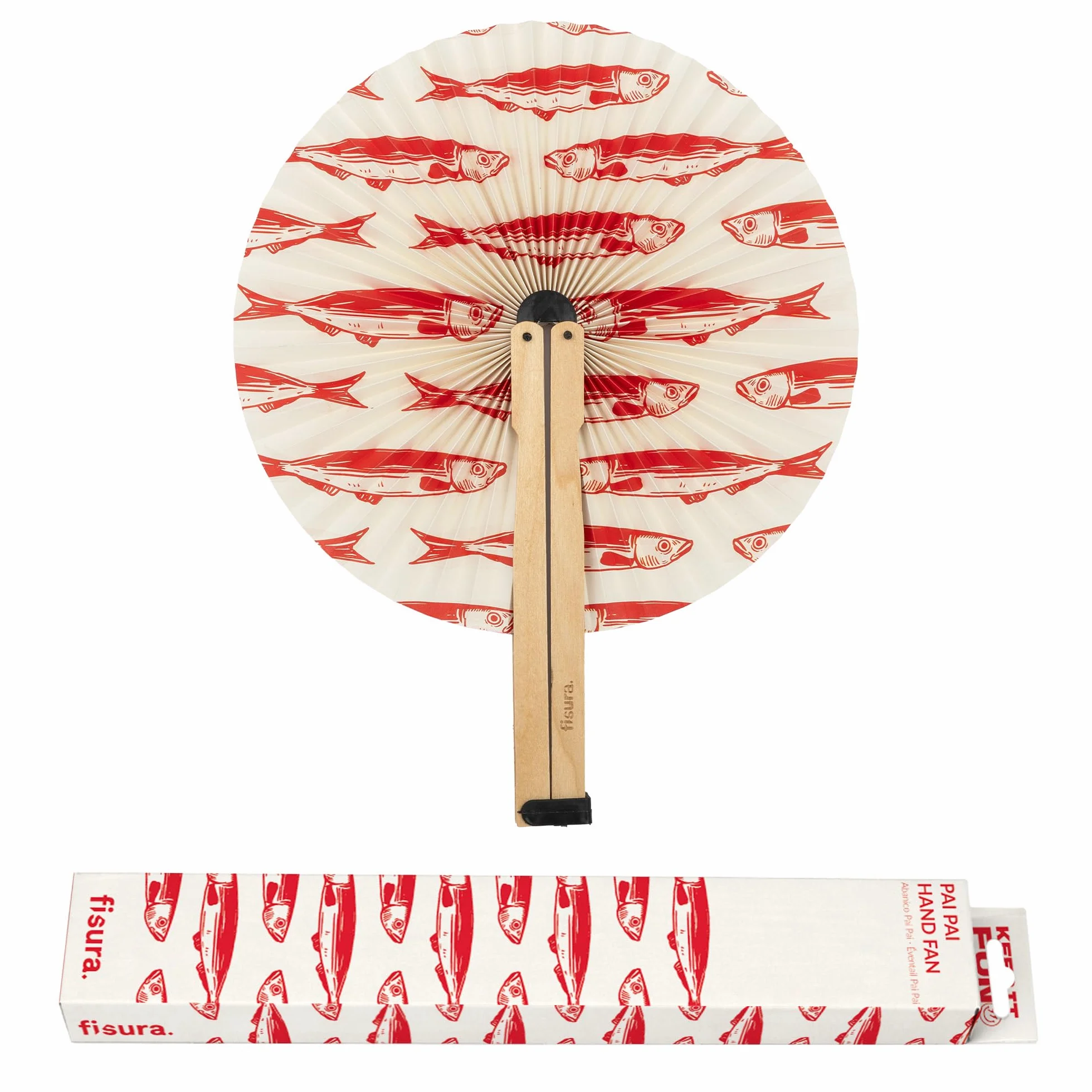 Fisura – Ventaglio pieghevole con motivo sardine, ventaglio originale in carta, pai pai bianco e rosso, accessorio per matrimonio, dettaglio per invitati, idea regalo festa o evento
