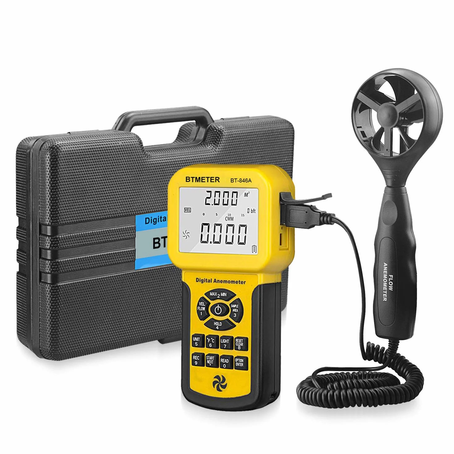 BTMETER BT-846A Pro HVAC Anemometro misura la velocità del vento flusso temperatura CFM misuratore di velocità del flusso d'aria con retroilluminazione MAX MIN AVG