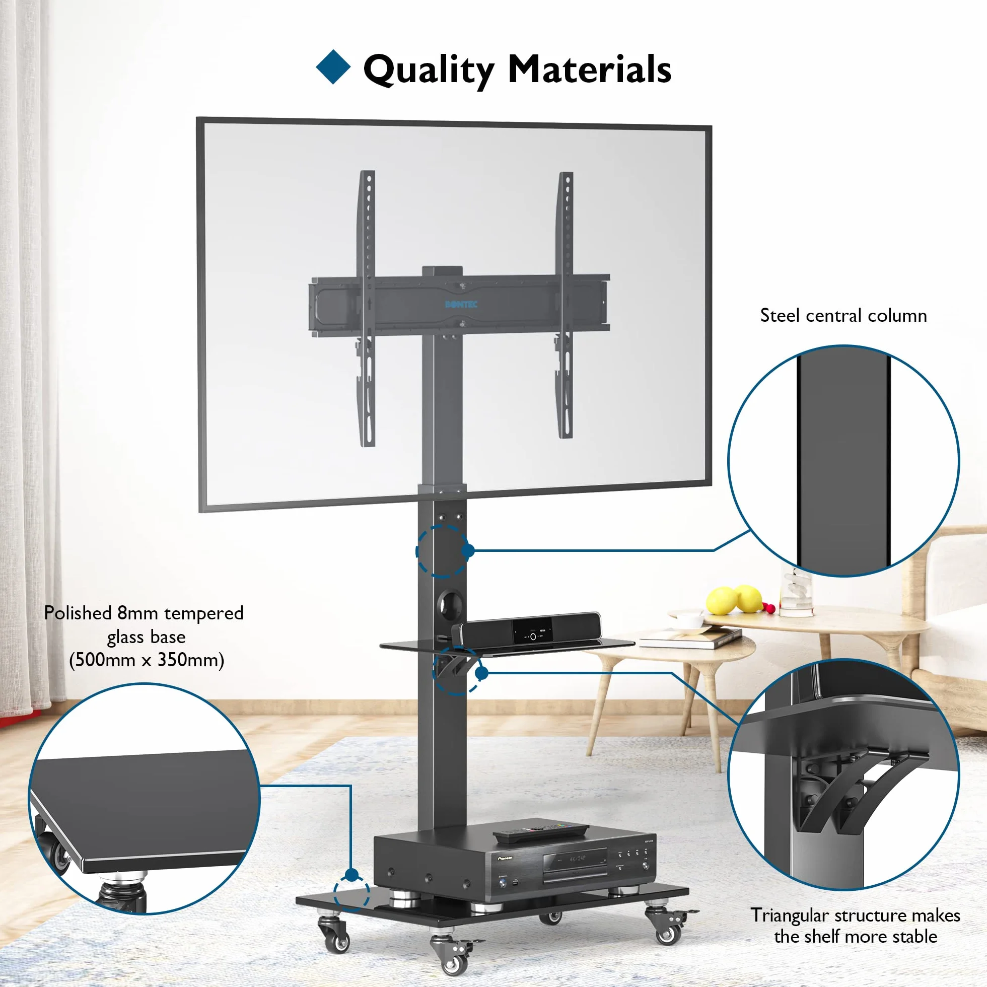 BONTEC Supporto TV da Pavimento 30-70 Pollici, Altezza Regolabile, Ripiani in Vetro Temperato, Carrello TV Portatile con Ruote, 40kg, VESA 600x400mm
