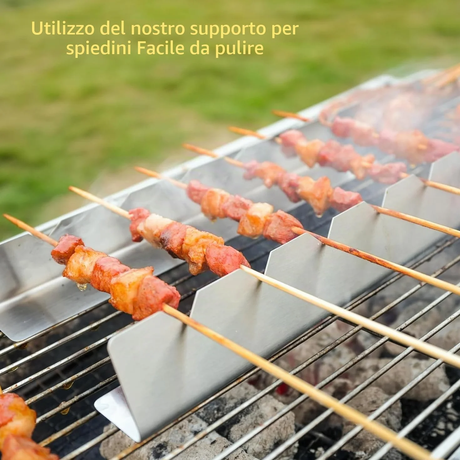 Griglia per spiedini per 6 spiedini. Realizzato in Metallo Acciaio Inox. Lunghezza Rack 30 cm, Altezza 4 cm, Larghezza Base 3,5 cm (6 Pezzi