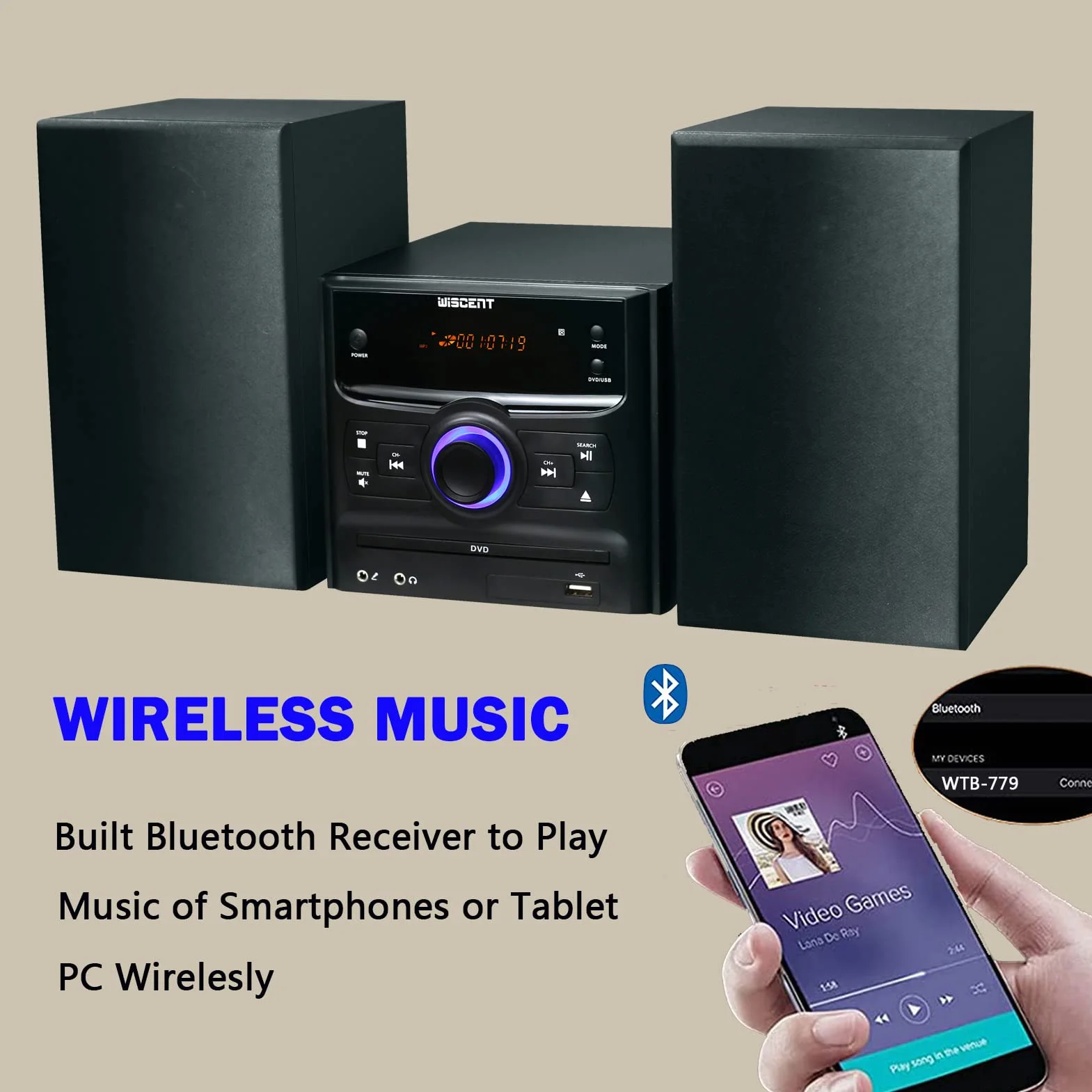 WISCENT Bluetooth Micro HiFi System, Lettore CD DVD Radio FM USB MP3 AUX Mic 30W